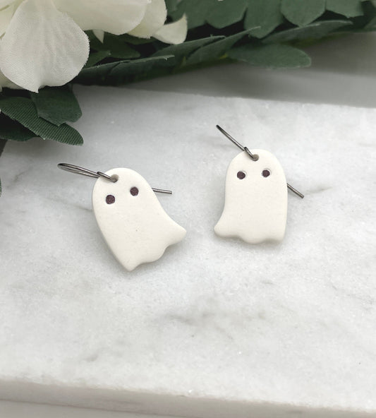 Earrings made with White Polymer Clay Ghosts on Oxidized, Sterling Silver Earring Wires PCE-571