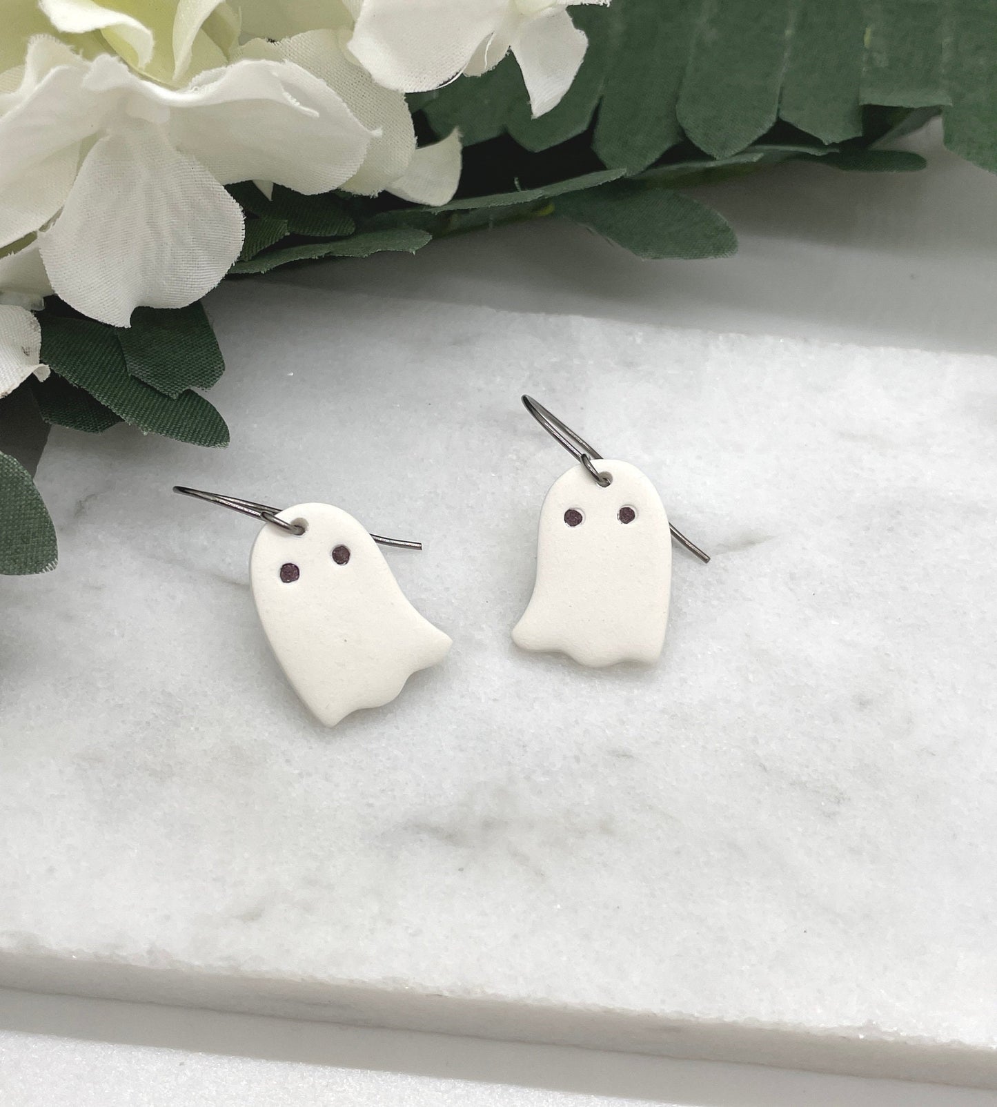 Earrings made with White Polymer Clay Ghosts on Oxidized, Sterling Silver Earring Wires PCE-571