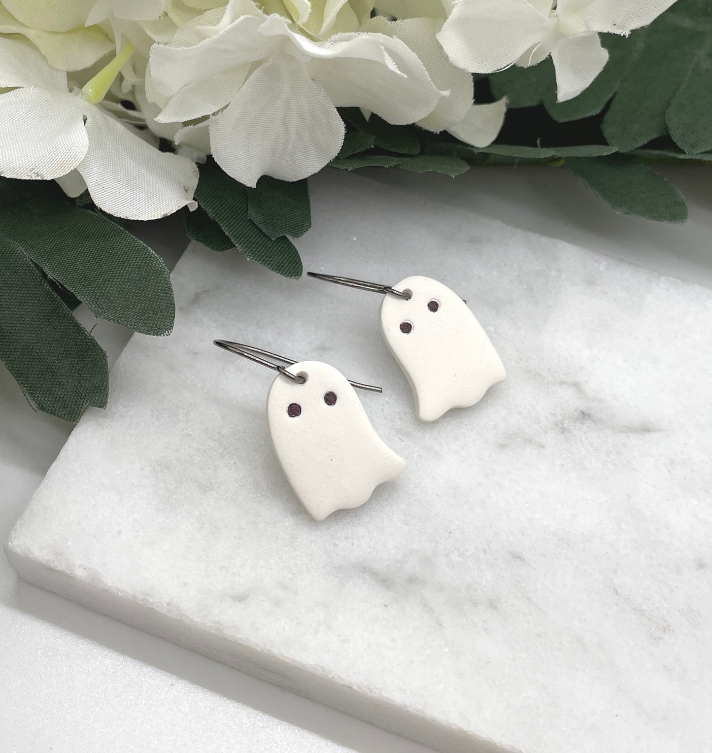 Earrings made with White Polymer Clay Ghosts on Oxidized, Sterling Silver Earring Wires PCE-571