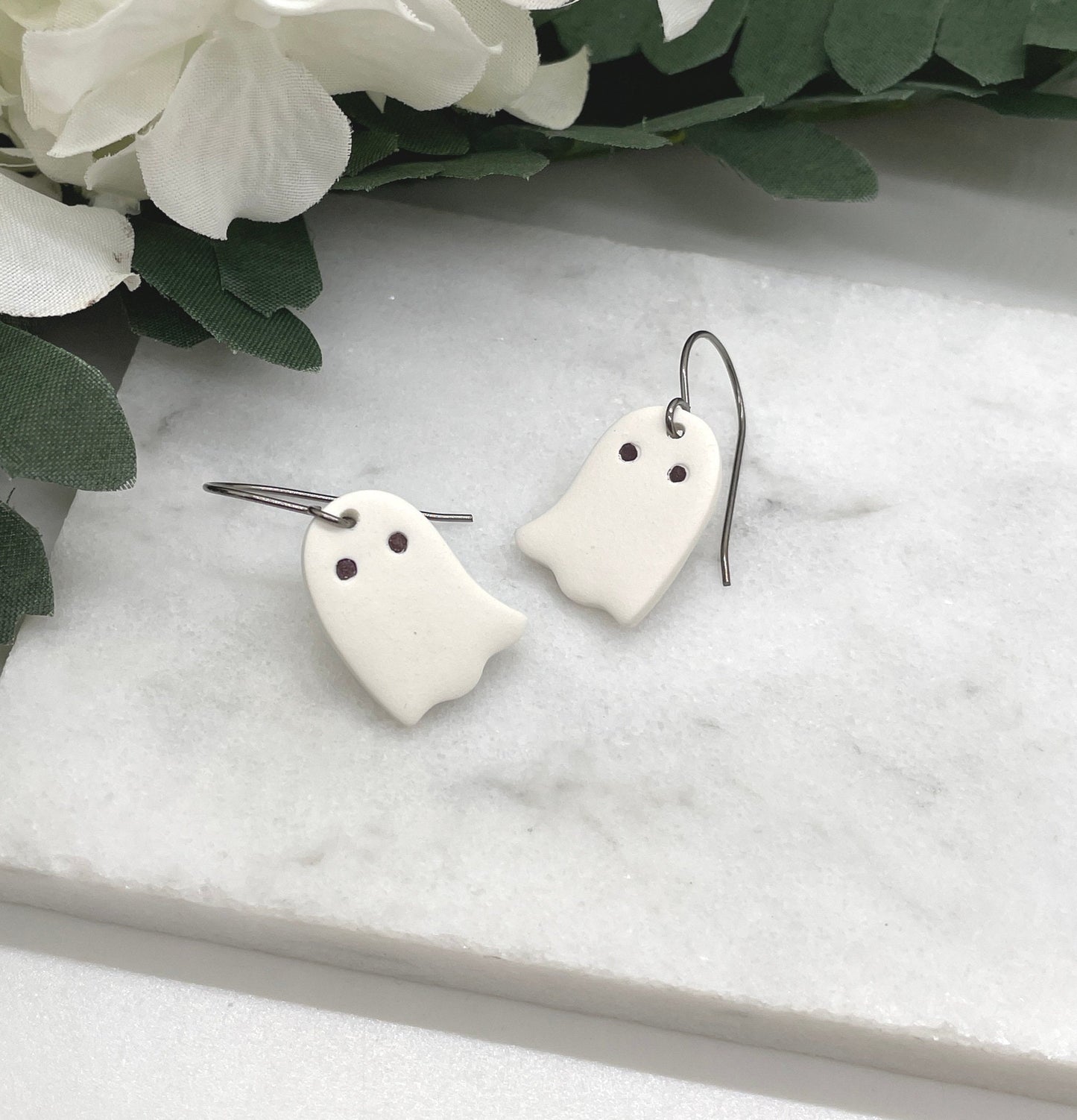 Earrings made with White Polymer Clay Ghosts on Oxidized, Sterling Silver Earring Wires PCE-571
