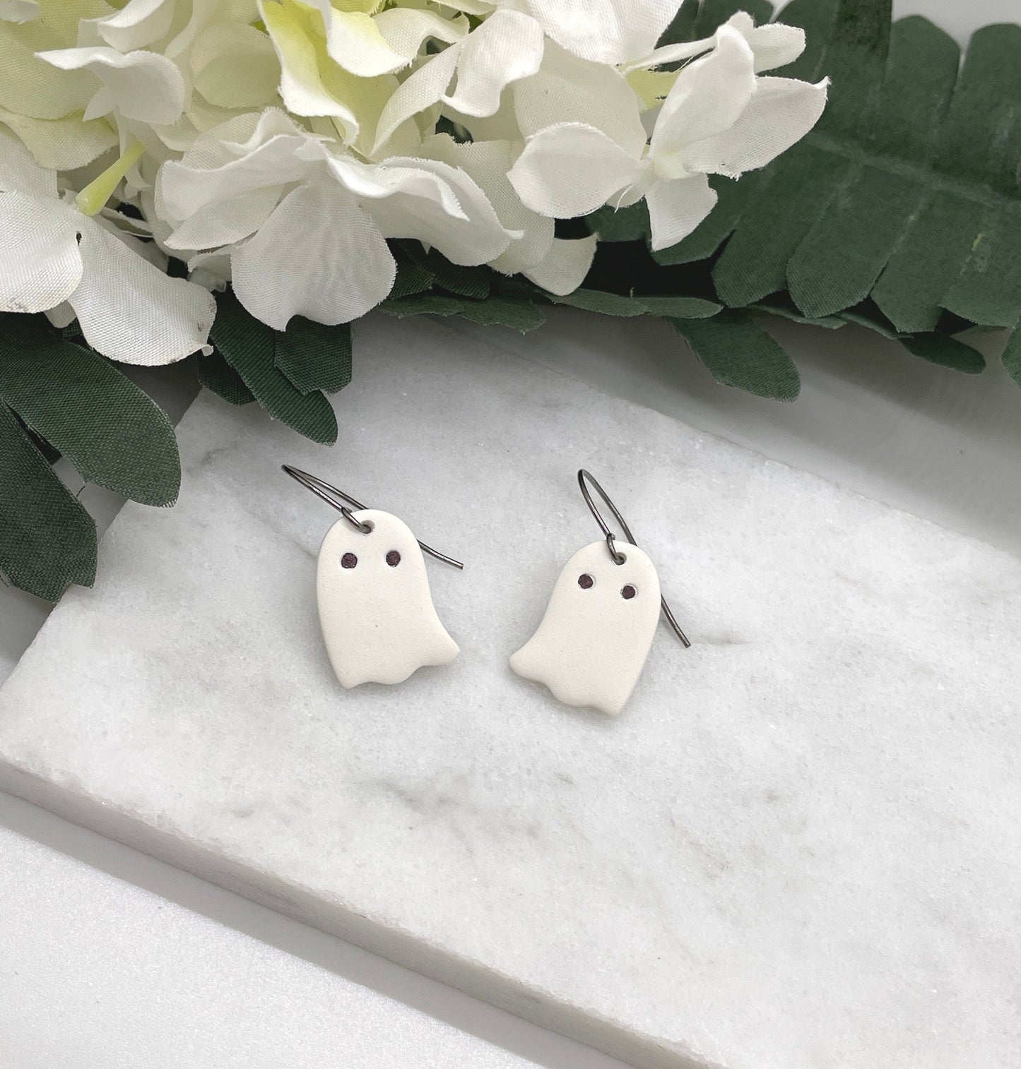 Earrings made with White Polymer Clay Ghosts on Oxidized, Sterling Silver Earring Wires PCE-571