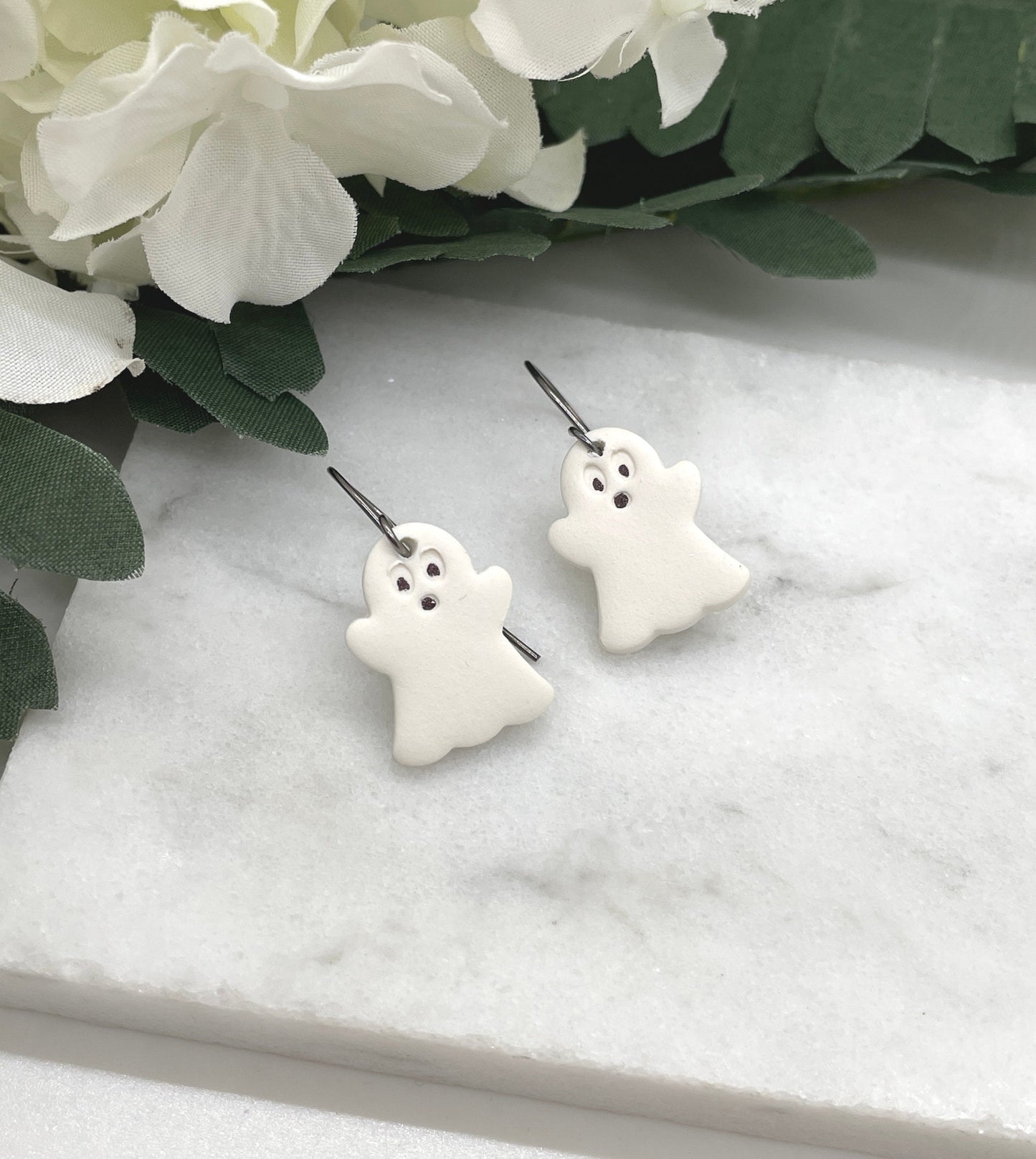 Earrings made with White Polymer Clay Ghosts on Oxidized, Sterling Silver Earring Wires PCE-572