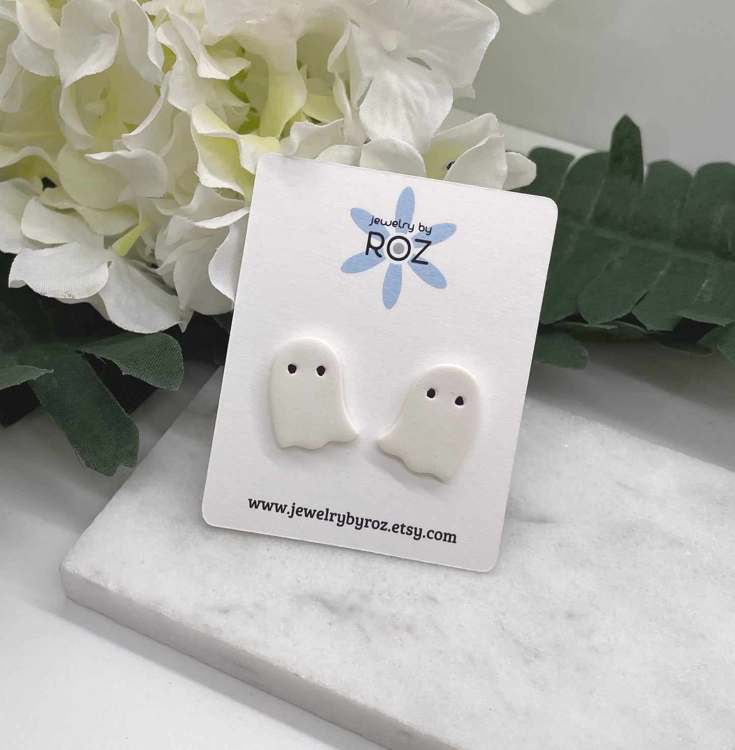 Ghost Stud Earrings made with White Polymer Clay and Sterling Silver Posts PCE-579