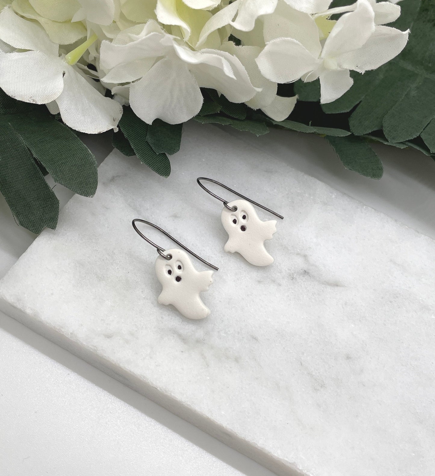 Earrings made with Tiny White Polymer Clay Ghosts on Oxidized, Sterling Silver Earring Wires PCE-570