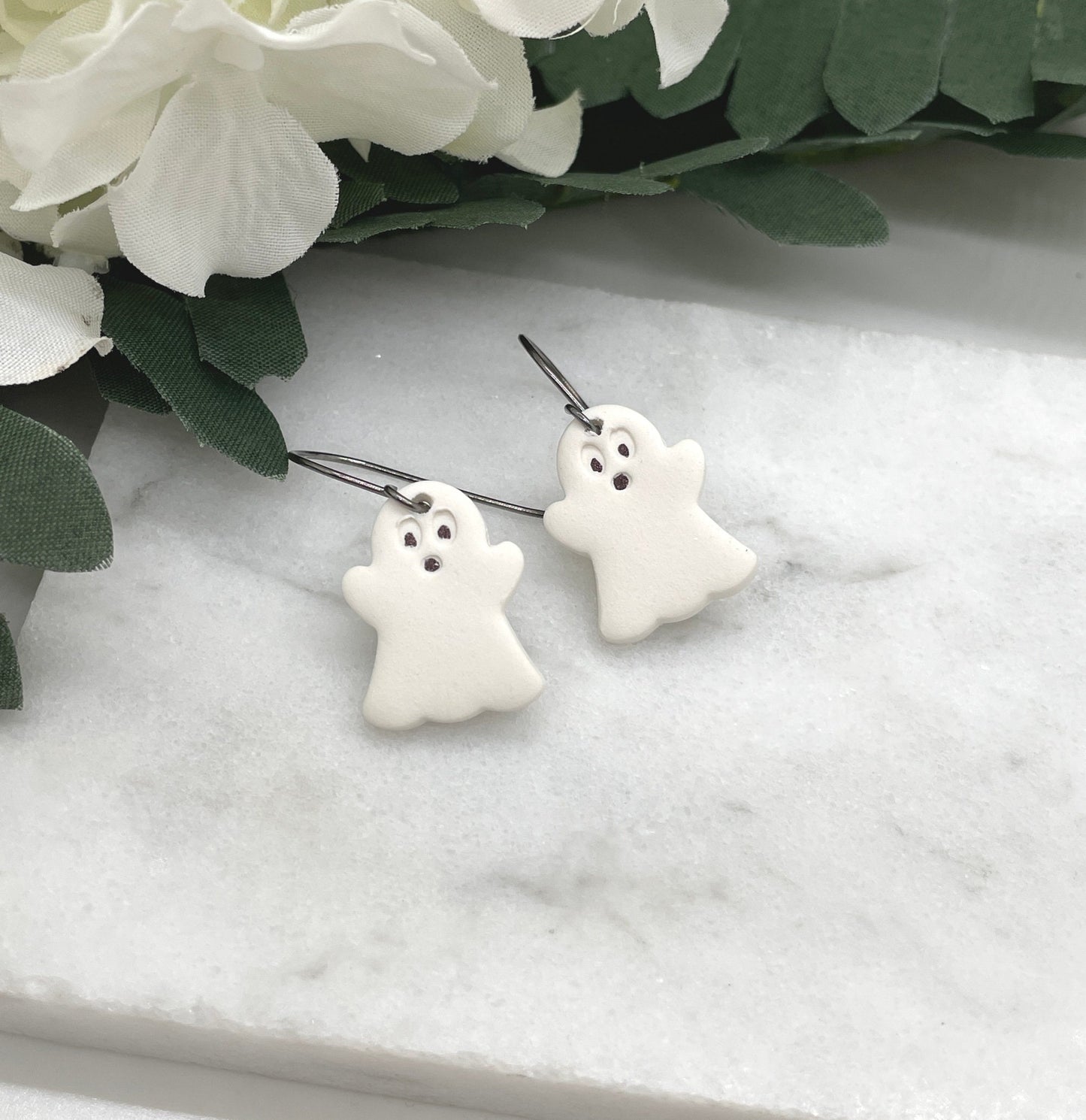 Earrings made with White Polymer Clay Ghosts on Oxidized, Sterling Silver Earring Wires PCE-572