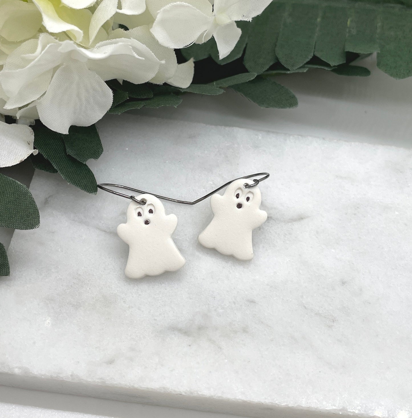 Earrings made with White Polymer Clay Ghosts on Oxidized, Sterling Silver Earring Wires PCE-572