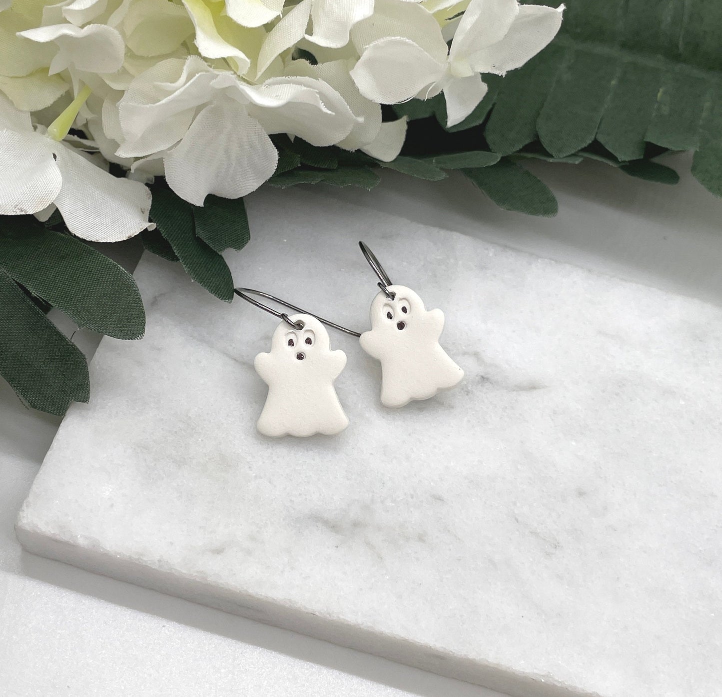 Earrings made with White Polymer Clay Ghosts on Oxidized, Sterling Silver Earring Wires PCE-572
