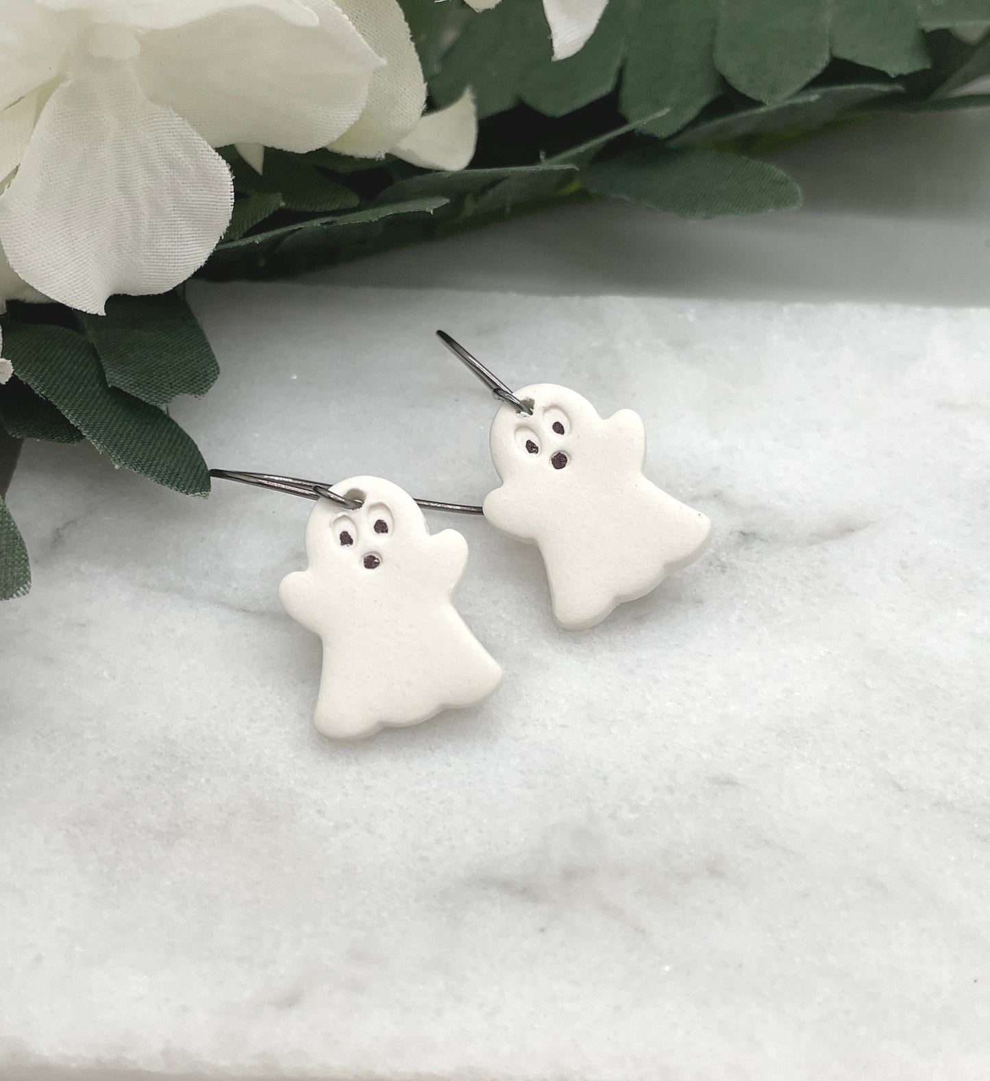 Earrings made with White Polymer Clay Ghosts on Oxidized, Sterling Silver Earring Wires PCE-572