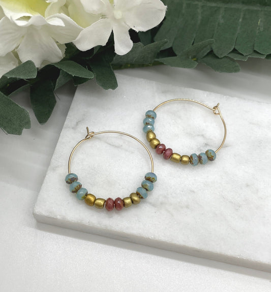 Hoop Earrings Made with 14k Gold Filled Wire with Gold Glass Beads and Blue and Pink Czech Glass Beads GCHE-67