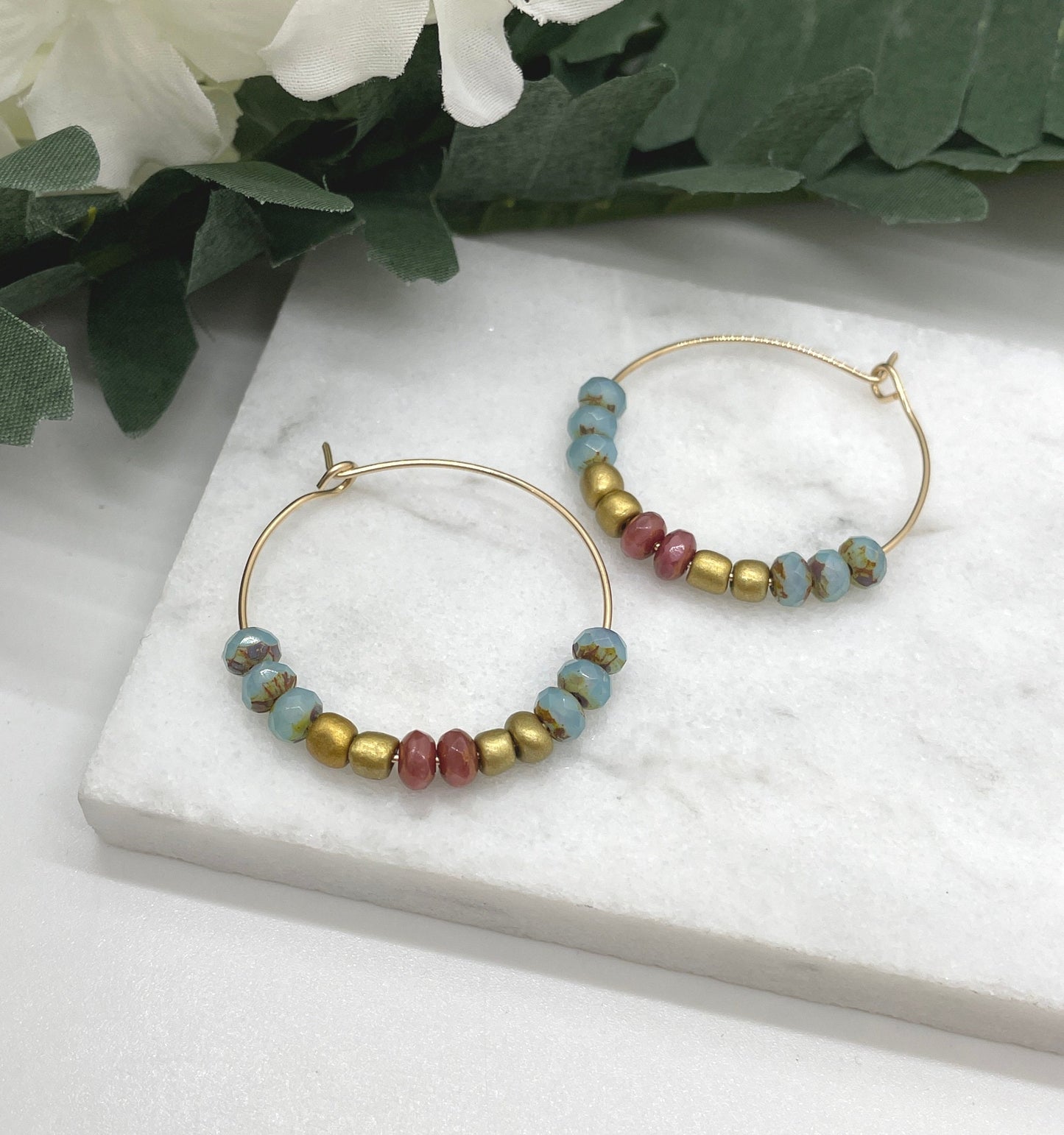 Hoop Earrings Made with 14k Gold Filled Wire with Gold Glass Beads and Blue and Pink Czech Glass Beads GCHE-67