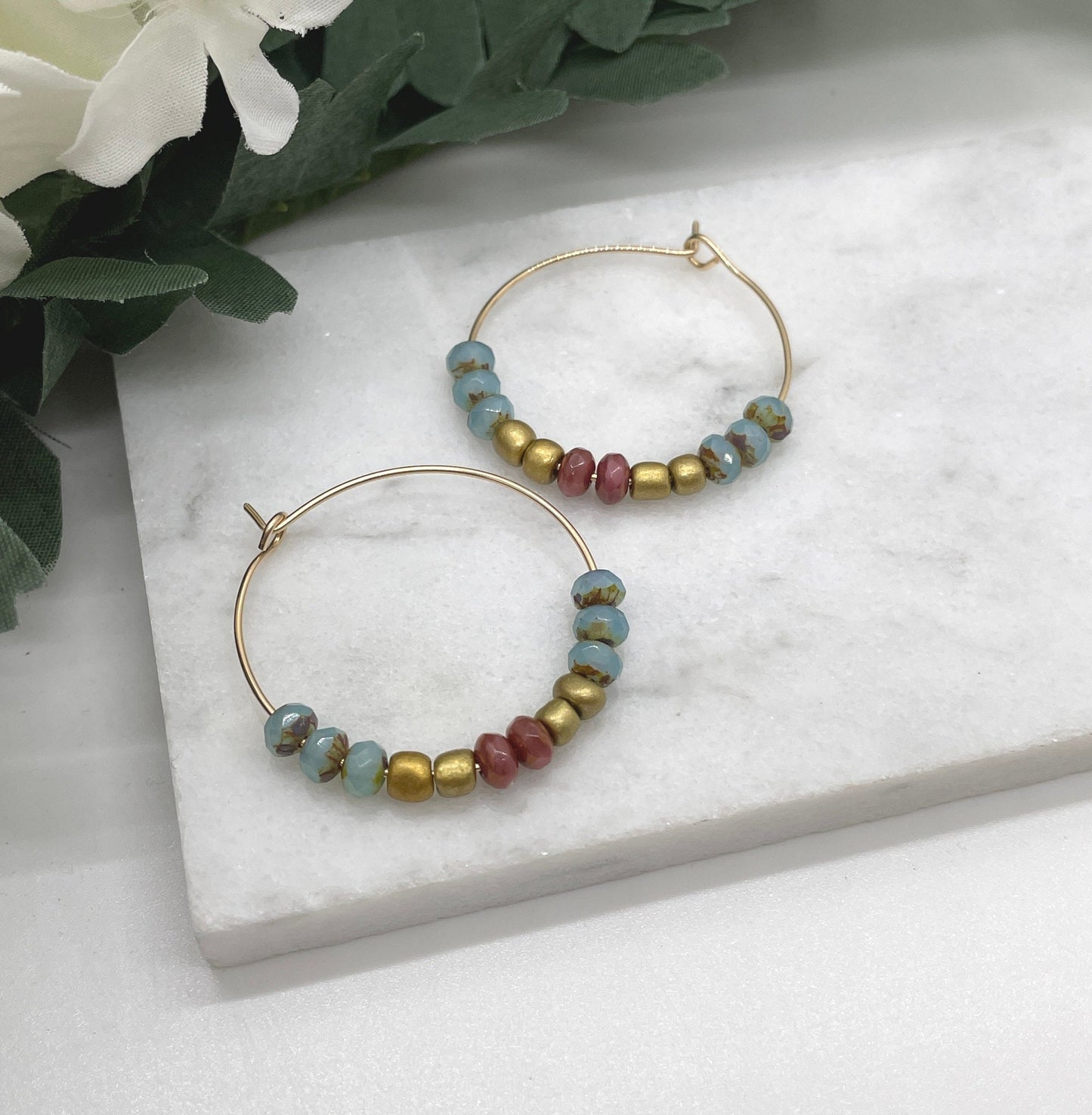 Hoop Earrings Made with 14k Gold Filled Wire with Gold Glass Beads and Blue and Pink Czech Glass Beads GCHE-67