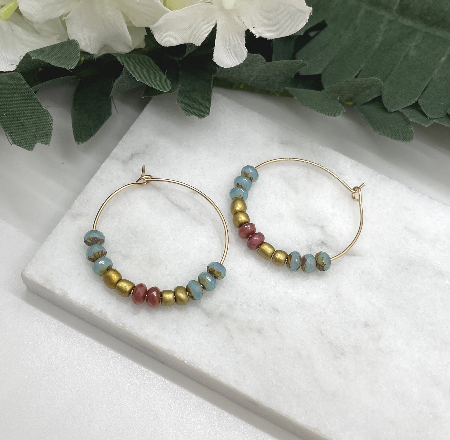 Hoop Earrings Made with 14k Gold Filled Wire with Gold Glass Beads and Blue and Pink Czech Glass Beads GCHE-67