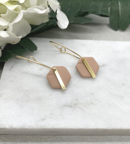 Earrings made with Peach Polymer Clay Hexagons and Gold Plated Lines on 14k Gold Filled Hoop Earrings PCE-599