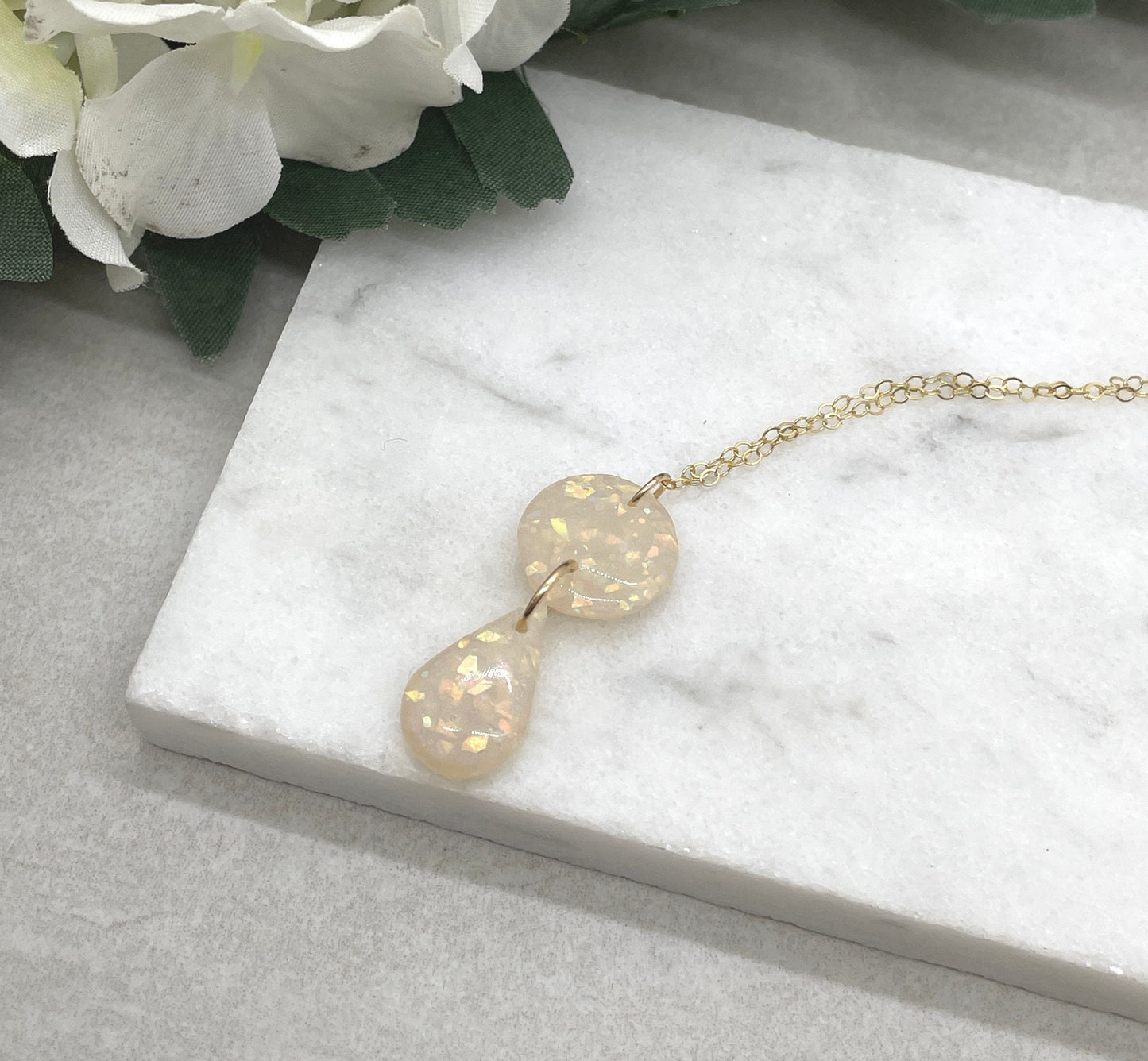 Necklace made with Opal Polymer Clay Circle and Teardrop on a 14k Gold Filled Chain PCN-24