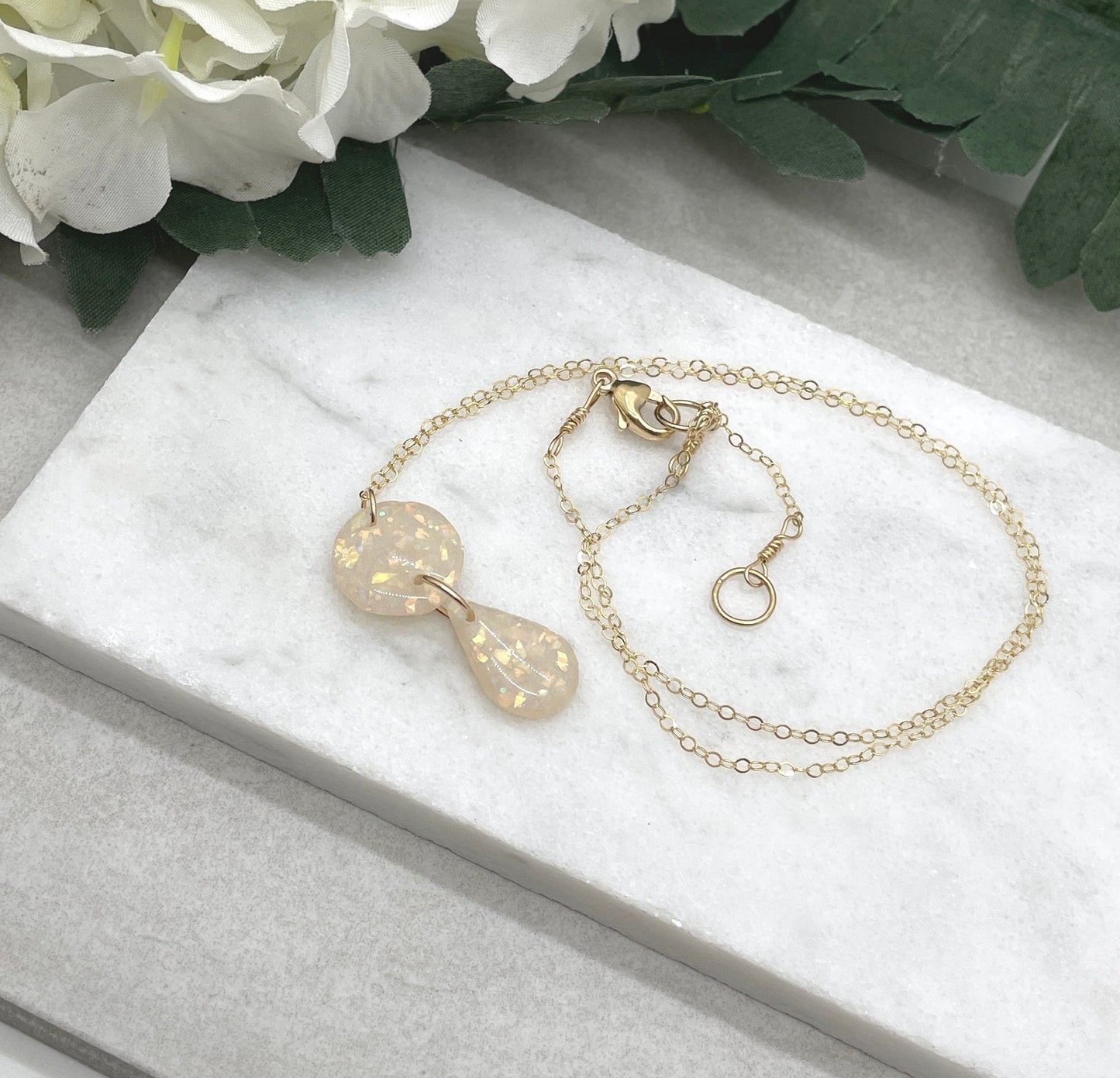 Necklace made with Opal Polymer Clay Circle and Teardrop on a 14k Gold Filled Chain PCN-24
