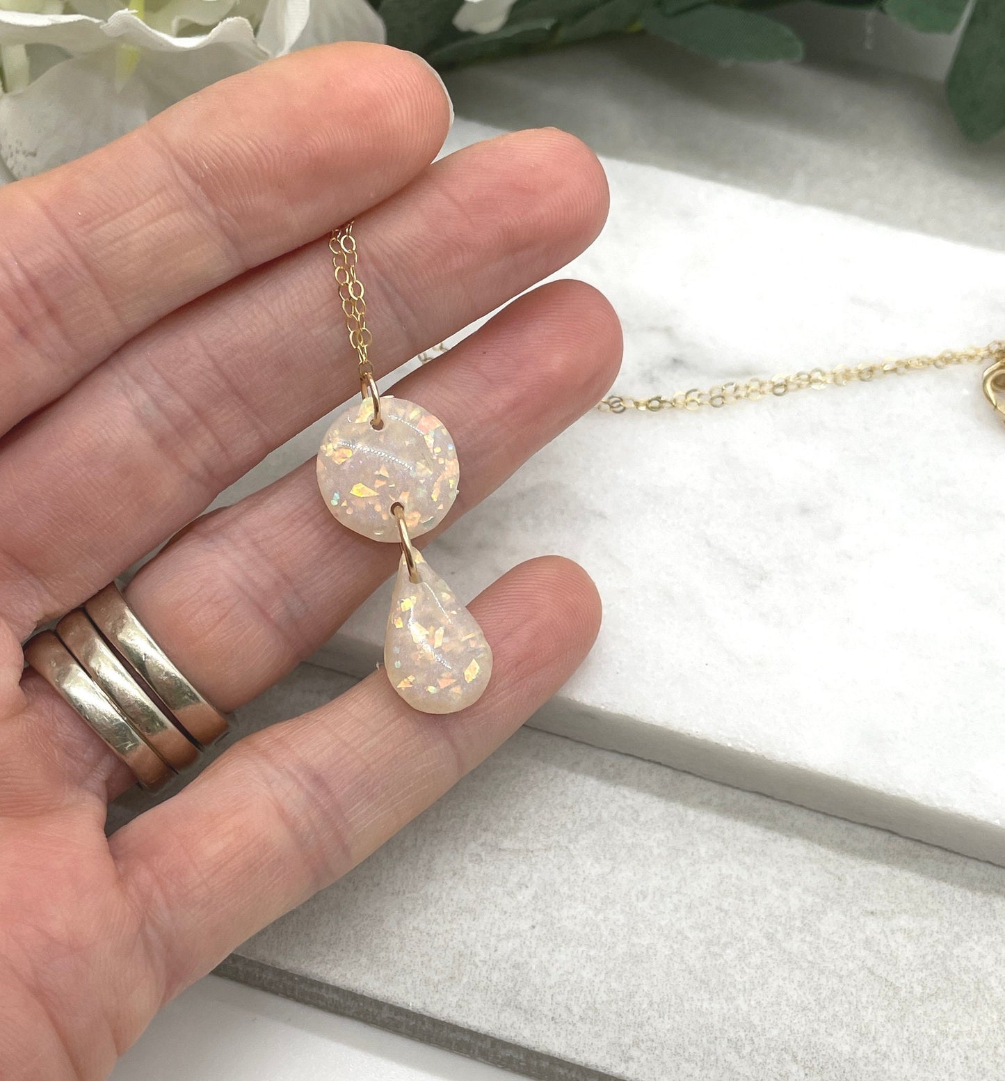 Necklace made with Opal Polymer Clay Circle and Teardrop on a 14k Gold Filled Chain PCN-24