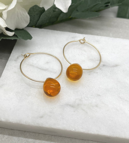 14k Gold Filled Hoop Earrings with Honey Glass Teardrops GCHE-70