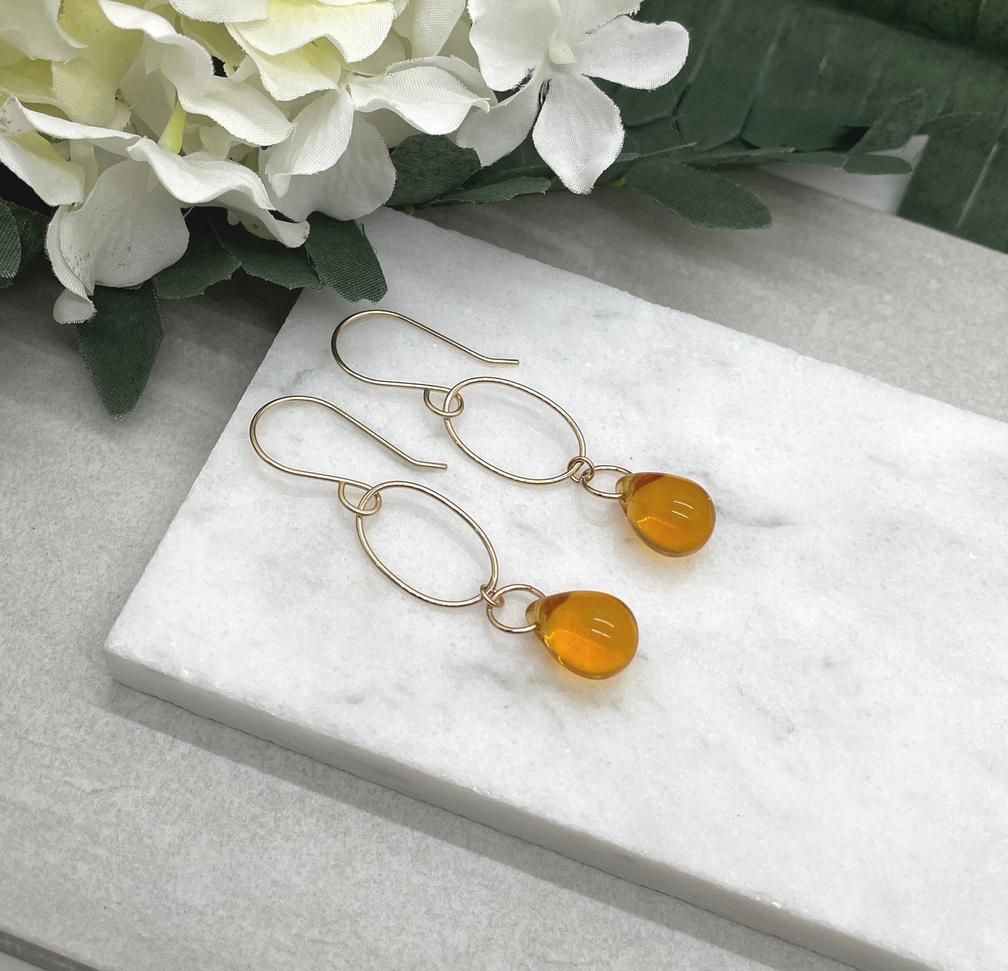 Earrings with Gold Filled Oval Loops and Honey Glass Teardrops on Gold Filled Earring Wires GCHE-71