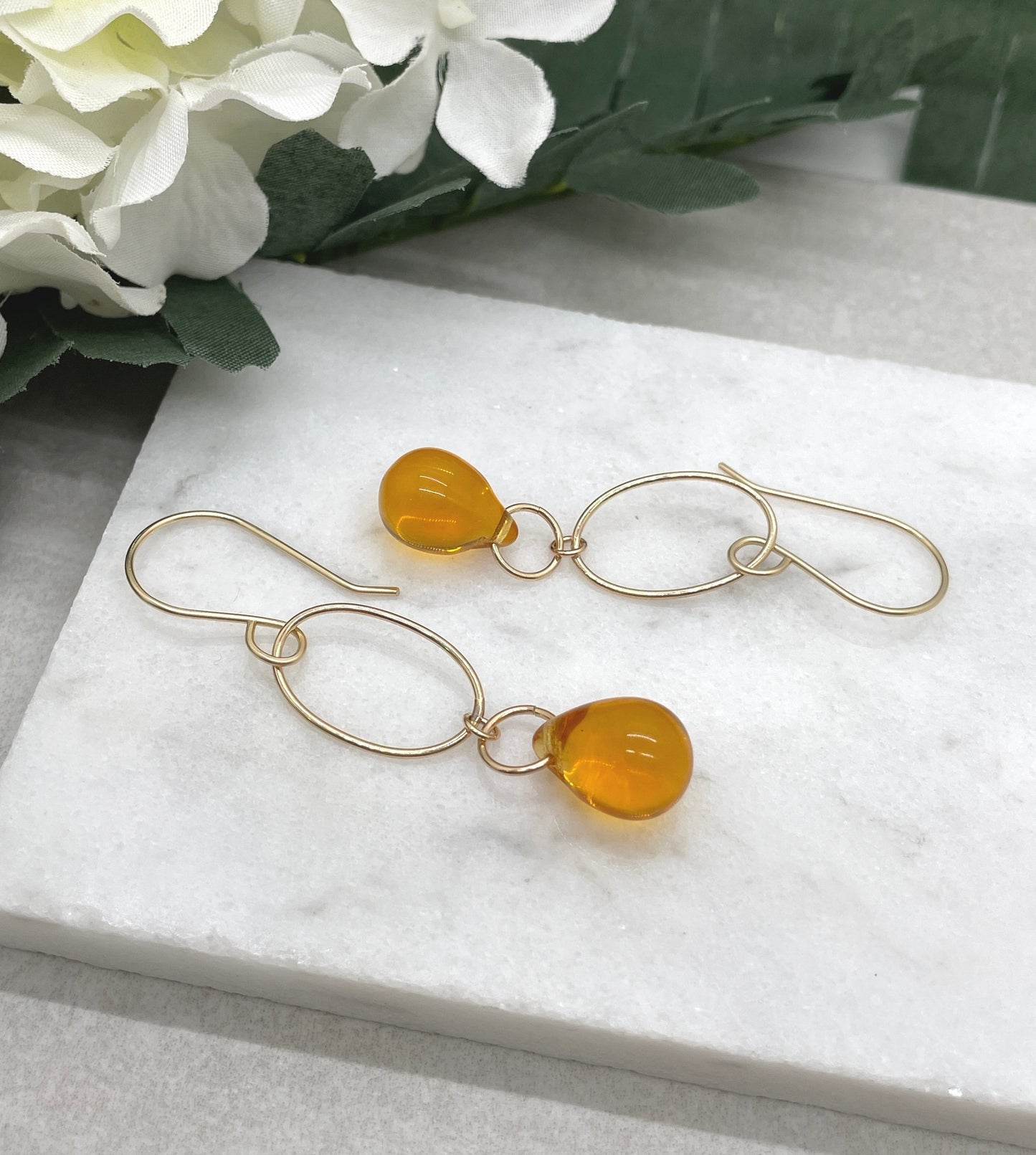 Earrings with Gold Filled Oval Loops and Honey Glass Teardrops on Gold Filled Earring Wires GCHE-71