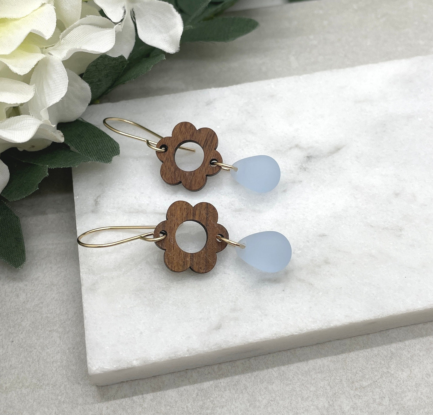 Earrings made with Wood Flowers and Frosted Glass Teardrop Beads on 14k Gold Filled Earring Wires in 2 Color Options GHE-139