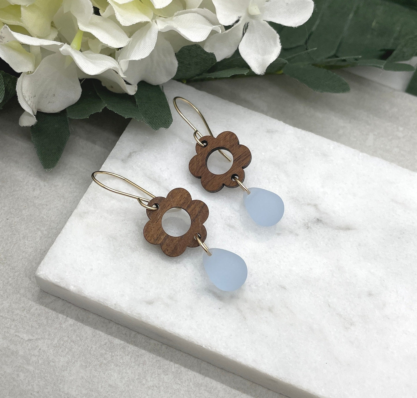 Earrings made with Wood Flowers and Frosted Glass Teardrop Beads on 14k Gold Filled Earring Wires in 2 Color Options GHE-139
