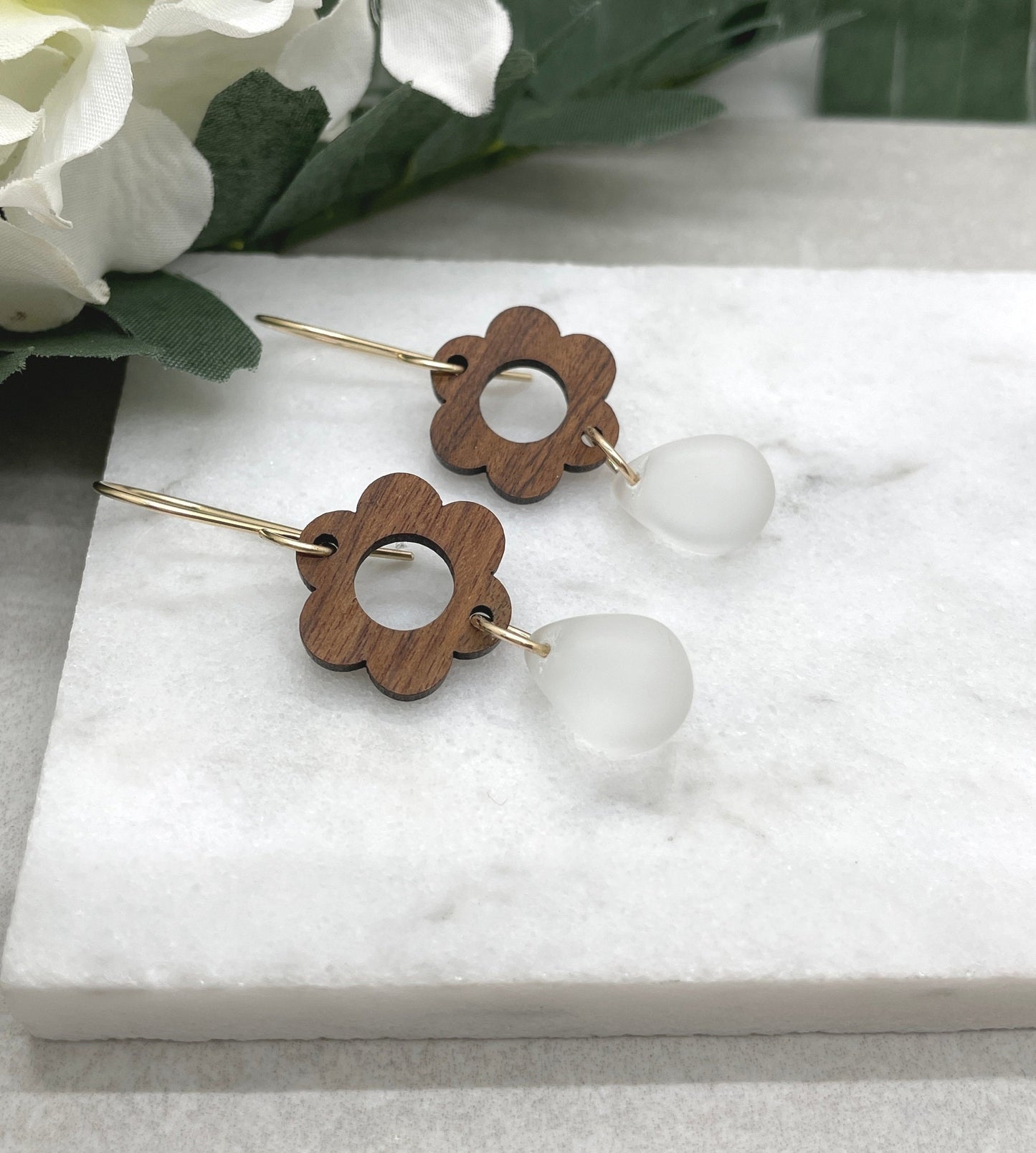 Earrings made with Wood Flowers and Frosted Glass Teardrop Beads on 14k Gold Filled Earring Wires in 2 Color Options GHE-139