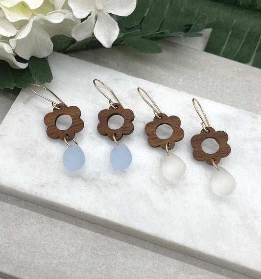 Earrings made with Wood Flowers and Frosted Glass Teardrop Beads on 14k Gold Filled Earring Wires in 2 Color Options GHE-139