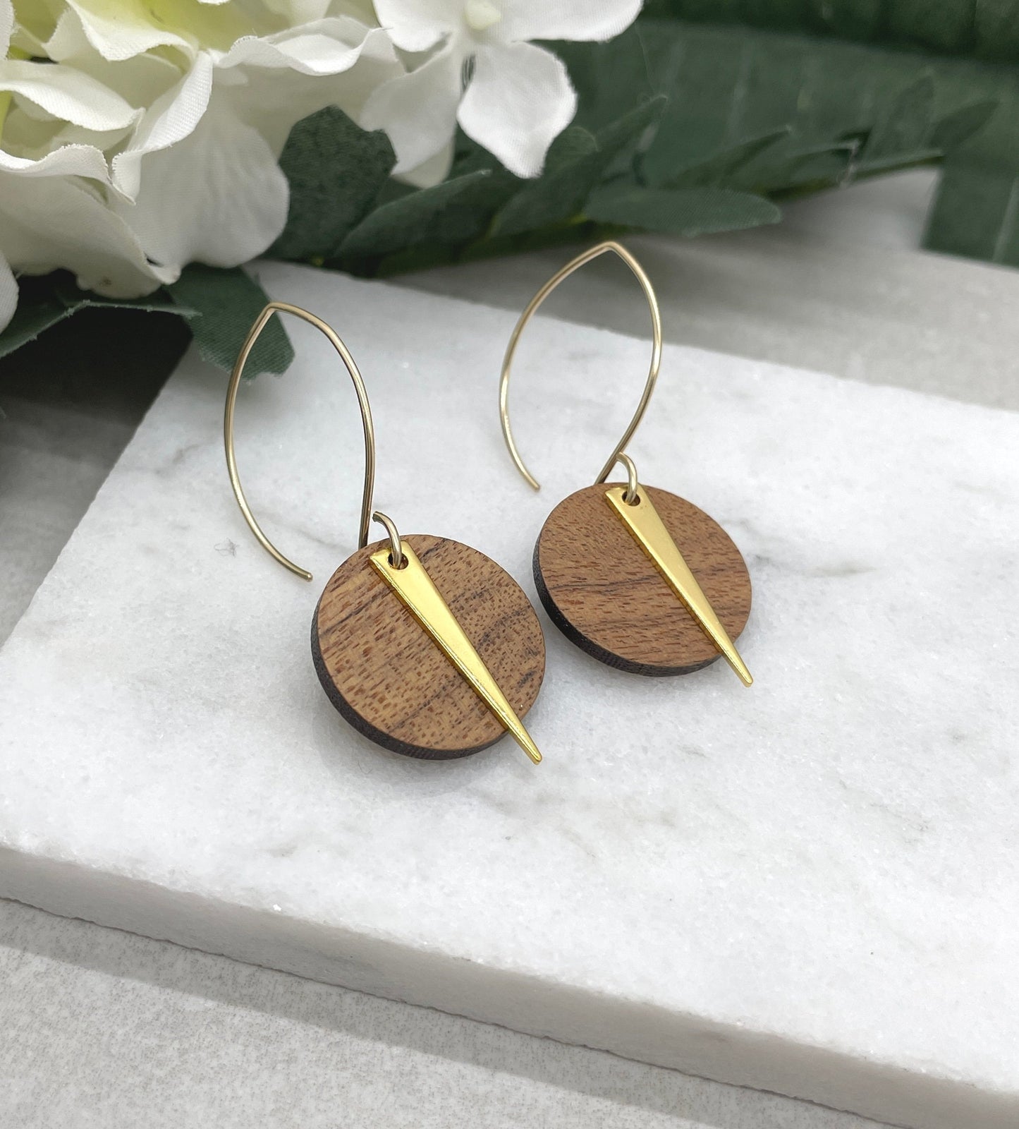 Earrings made with Wood Circles and Gold Plated Triangles on 14k Gold Filled Earring Wires GHE-140