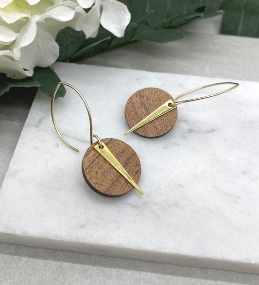 Earrings made with Wood Circles and Gold Plated Triangles on 14k Gold Filled Earring Wires GHE-140