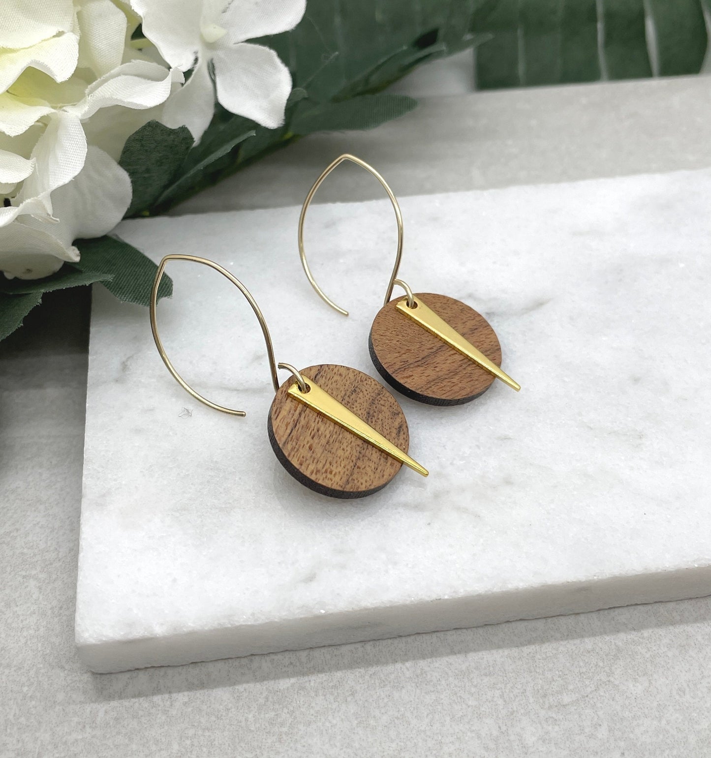 Earrings made with Wood Circles and Gold Plated Triangles on 14k Gold Filled Earring Wires GHE-140