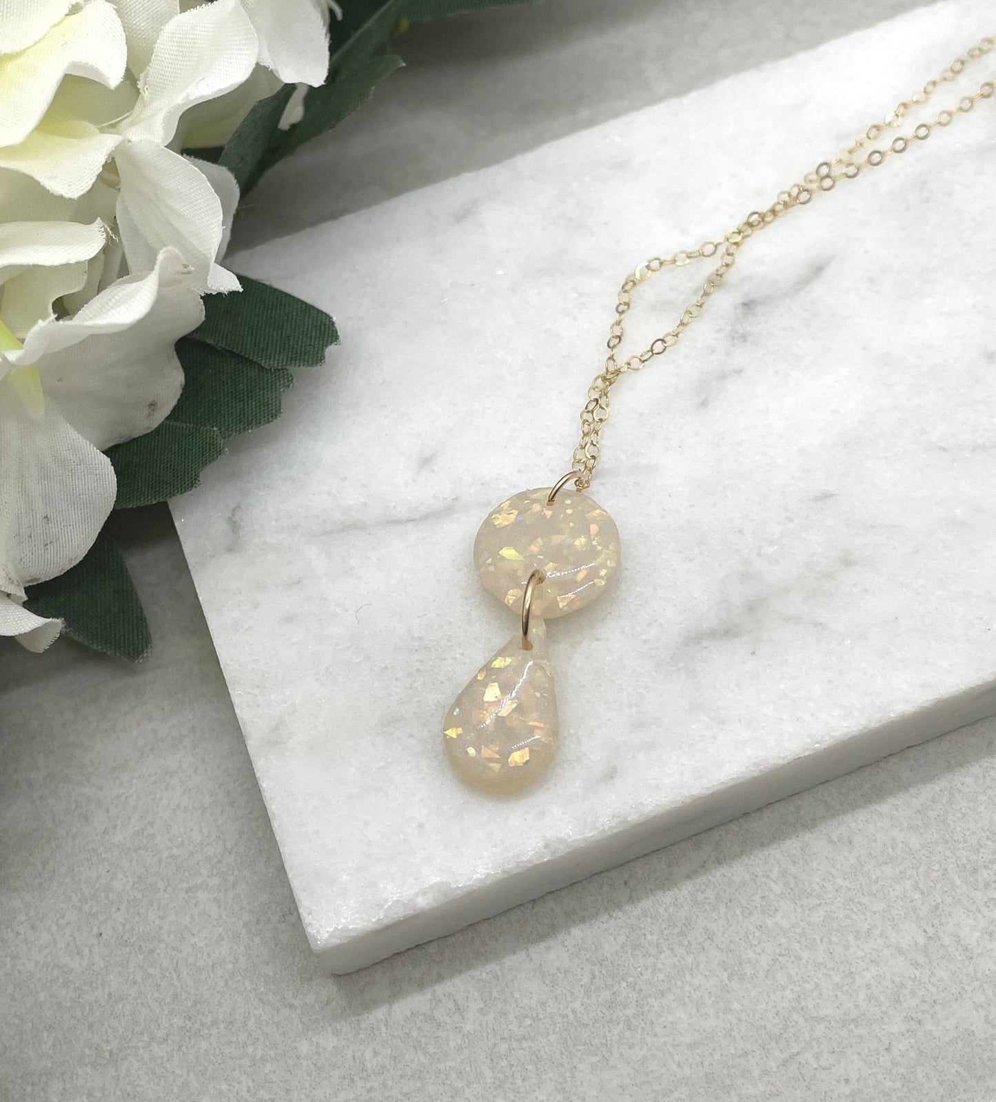 Necklace made with Opal Polymer Clay Circle and Teardrop on a 14k Gold Filled Chain PCN-24