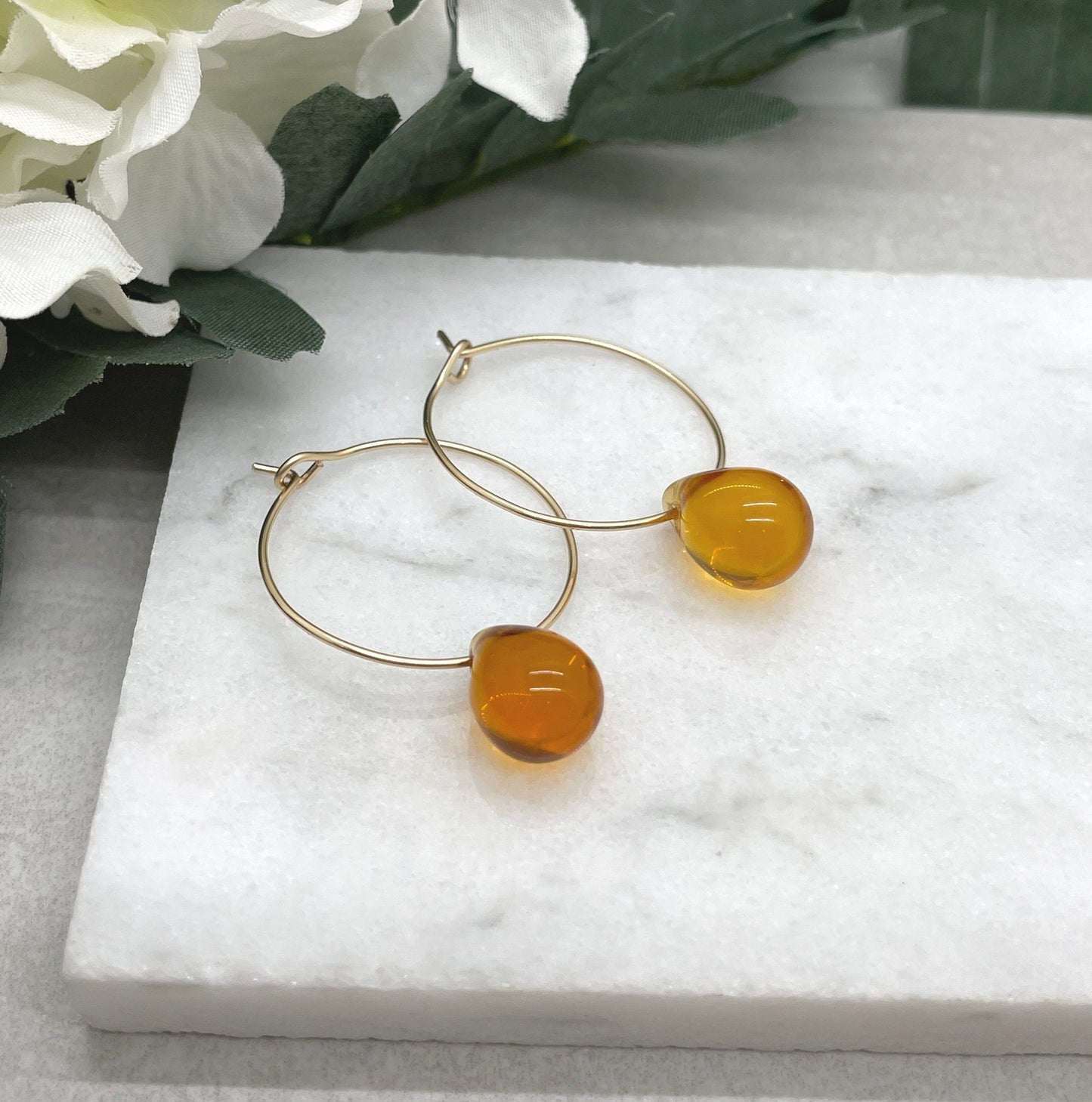 14k Gold Filled Hoop Earrings with Honey Glass Teardrops GCHE-70
