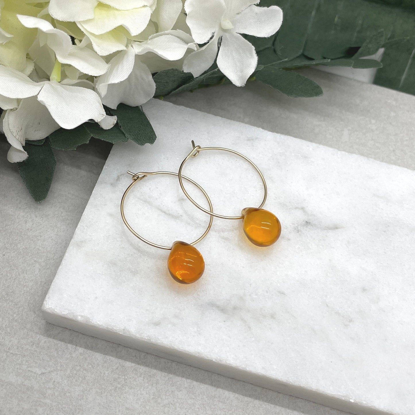 14k Gold Filled Hoop Earrings with Honey Glass Teardrops GCHE-70