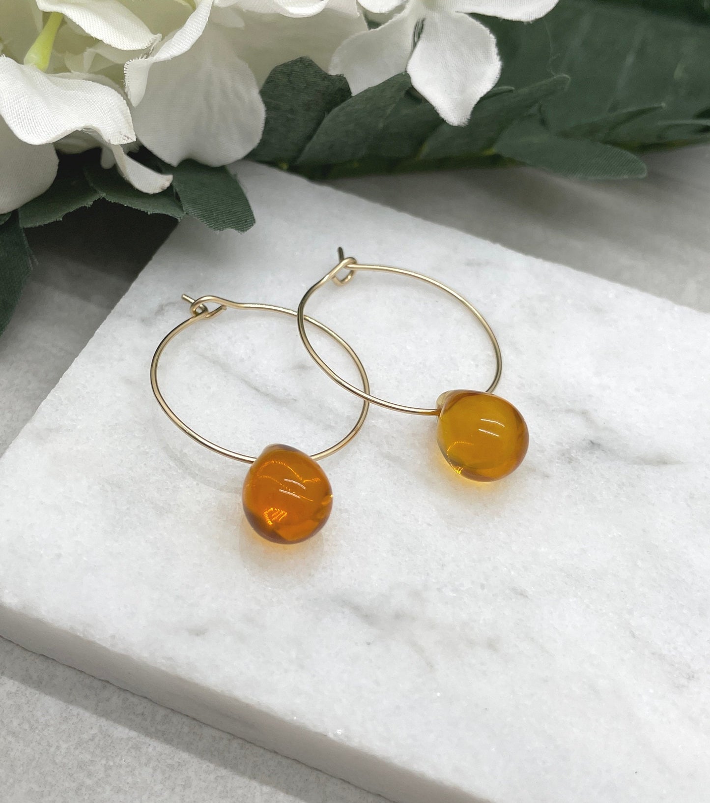 14k Gold Filled Hoop Earrings with Honey Glass Teardrops GCHE-70