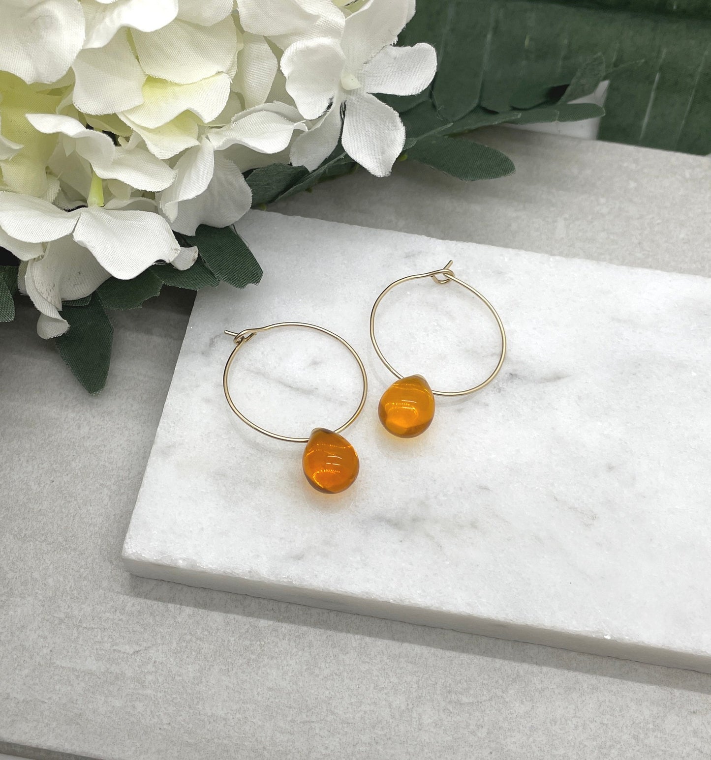 14k Gold Filled Hoop Earrings with Honey Glass Teardrops GCHE-70