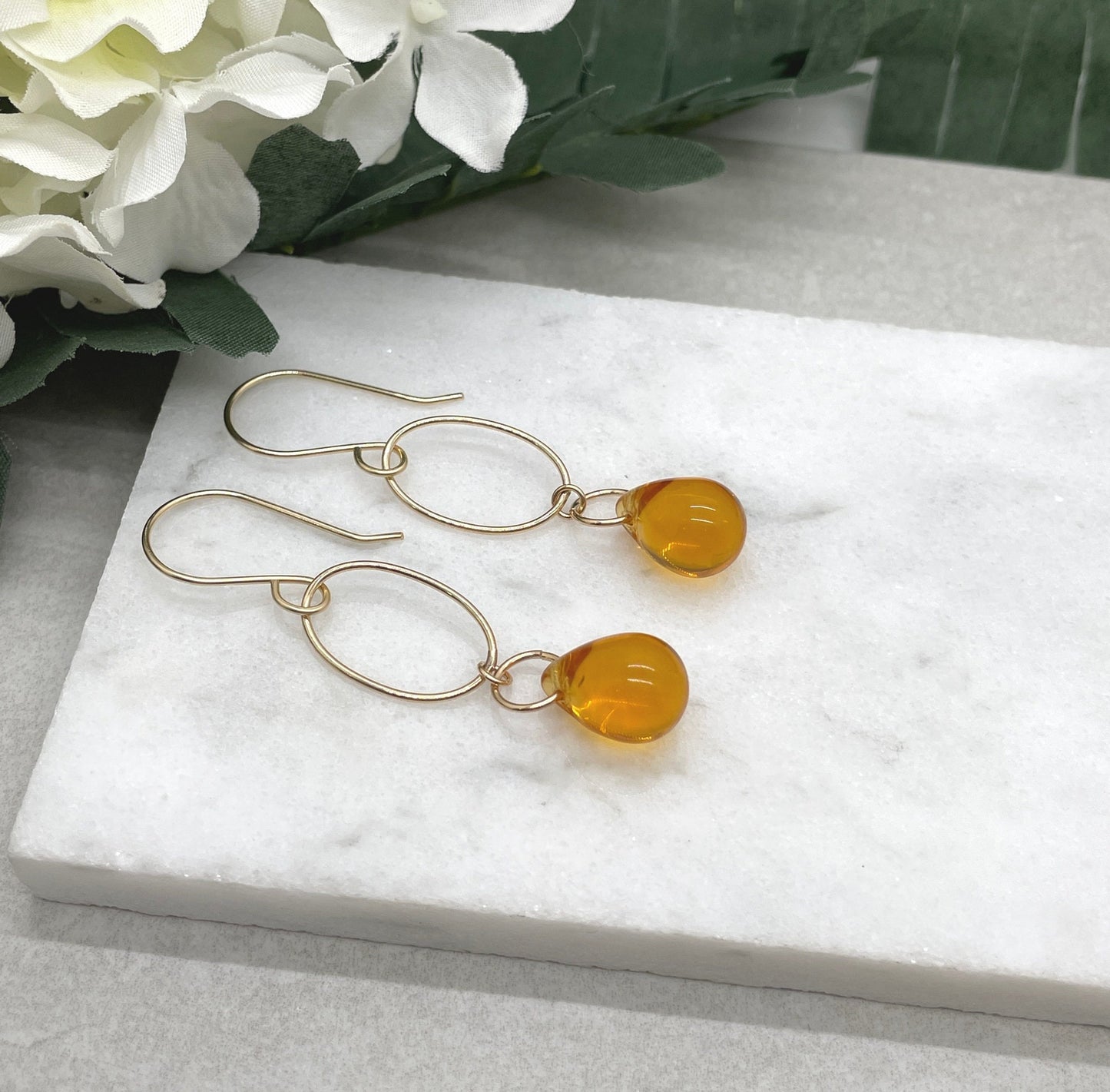 Earrings with Gold Filled Oval Loops and Honey Glass Teardrops on Gold Filled Earring Wires GCHE-71