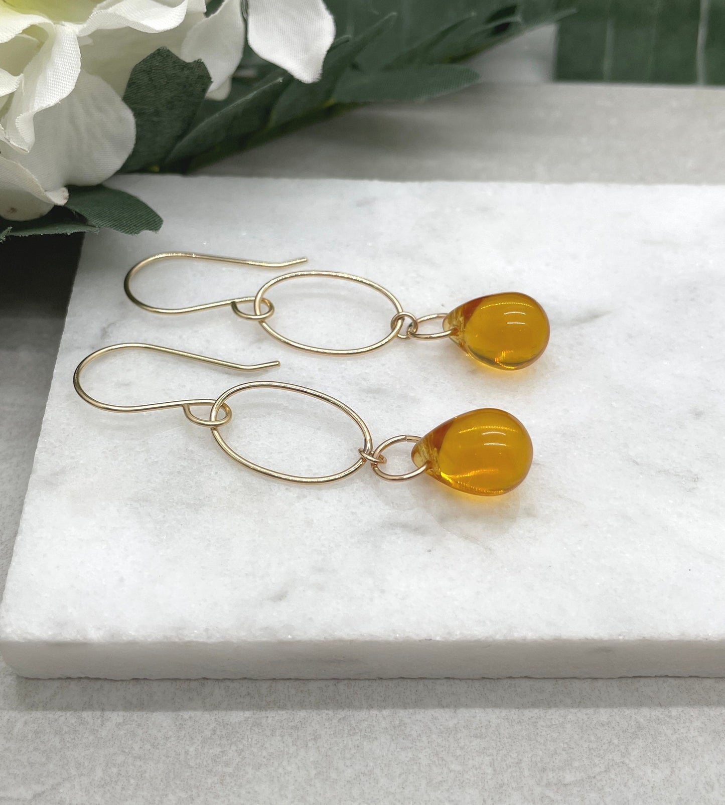 Earrings with Gold Filled Oval Loops and Honey Glass Teardrops on Gold Filled Earring Wires GCHE-71