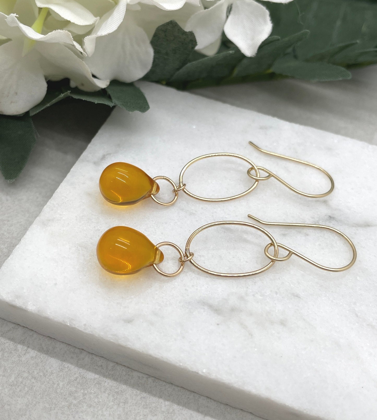 Earrings with Gold Filled Oval Loops and Honey Glass Teardrops on Gold Filled Earring Wires GCHE-71