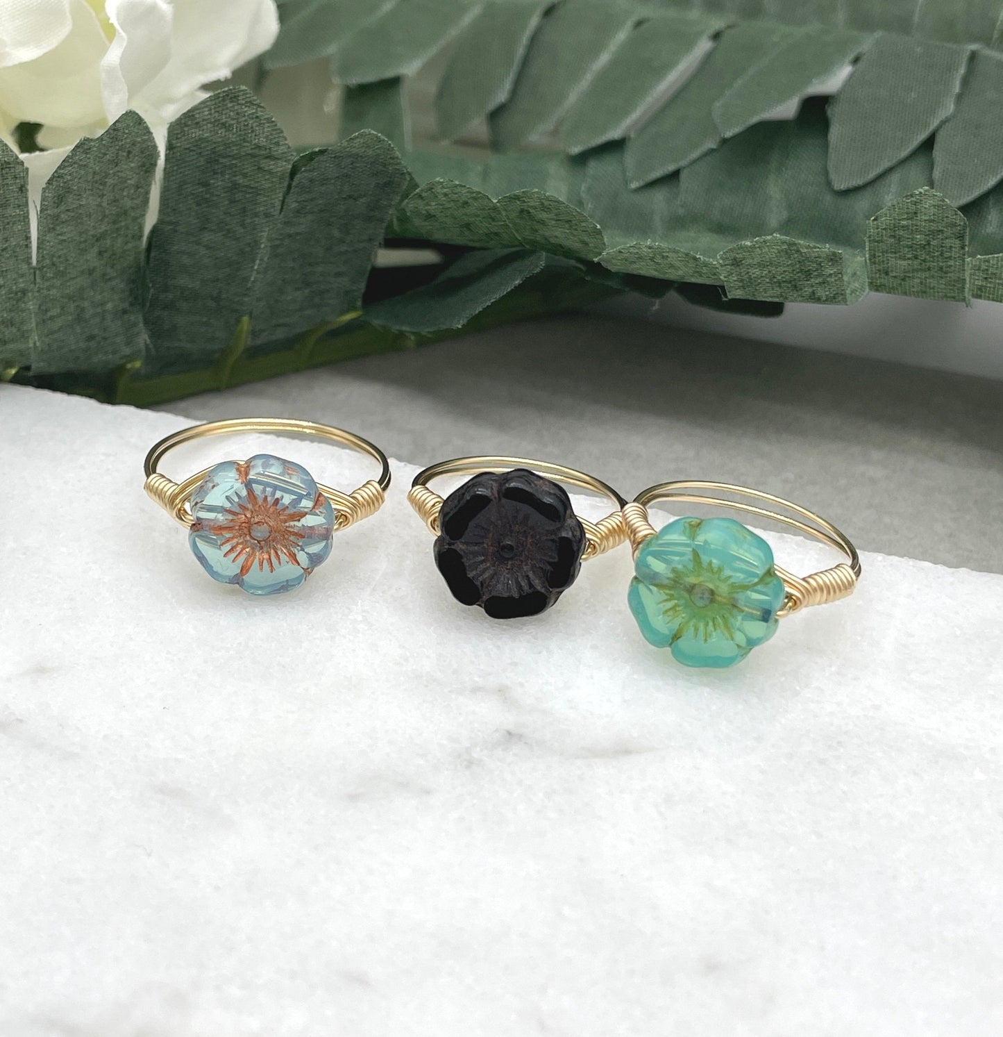 14k Gold Filled Wire Wrapped Ring with a Blue, Black or Green Colored, Czech Glass Flower GR-17