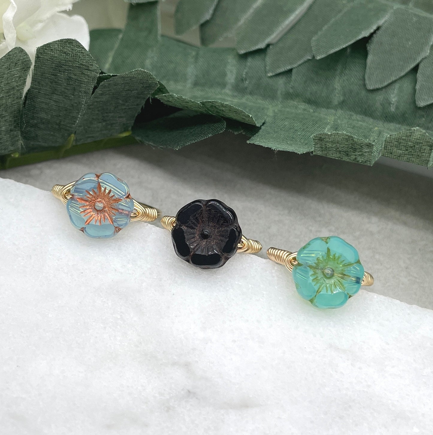 14k Gold Filled Wire Wrapped Ring with a Blue, Black or Green Colored, Czech Glass Flower GR-17