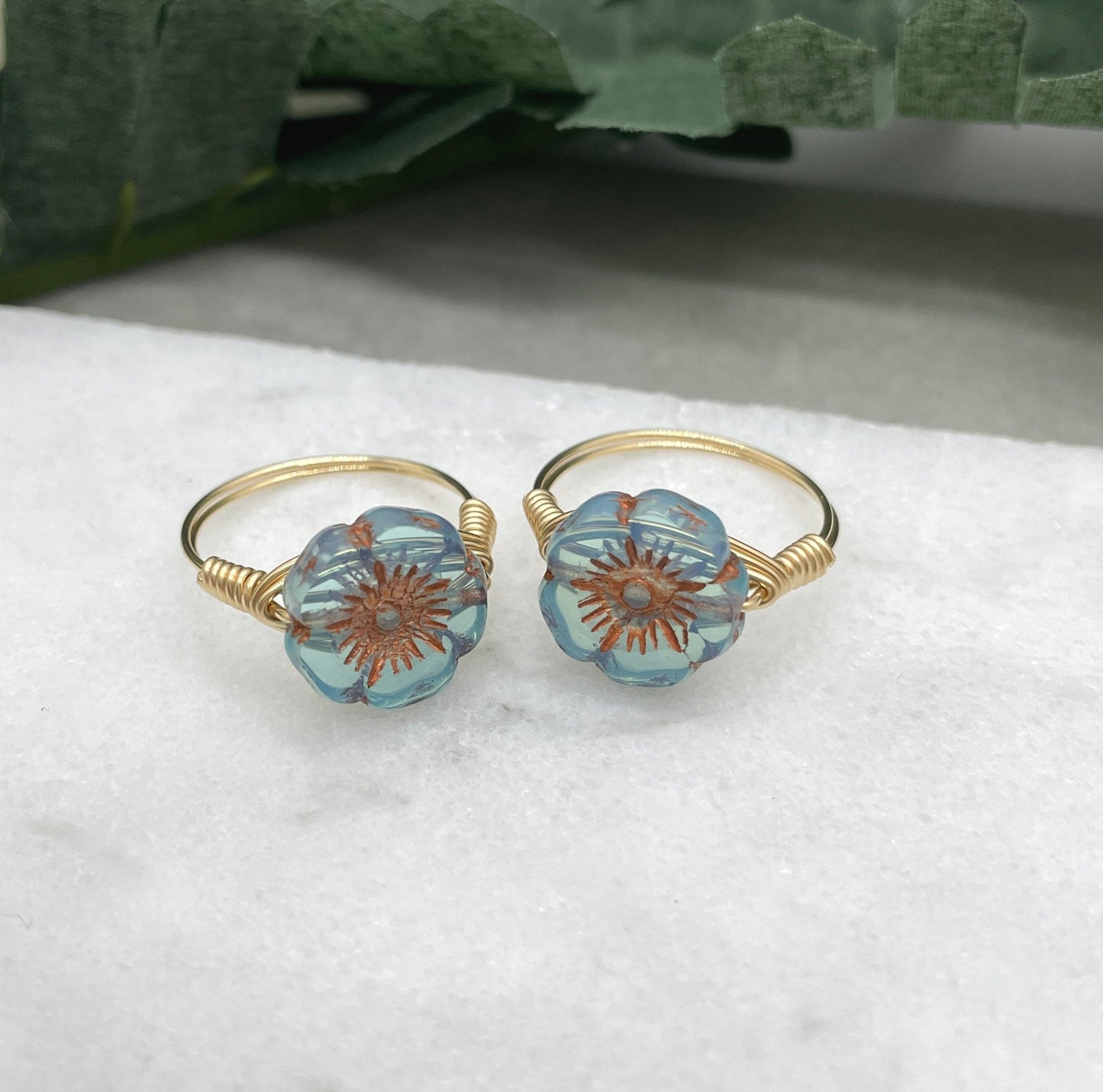 14k Gold Filled Wire Wrapped Ring with a Blue, Black or Green Colored, Czech Glass Flower GR-17