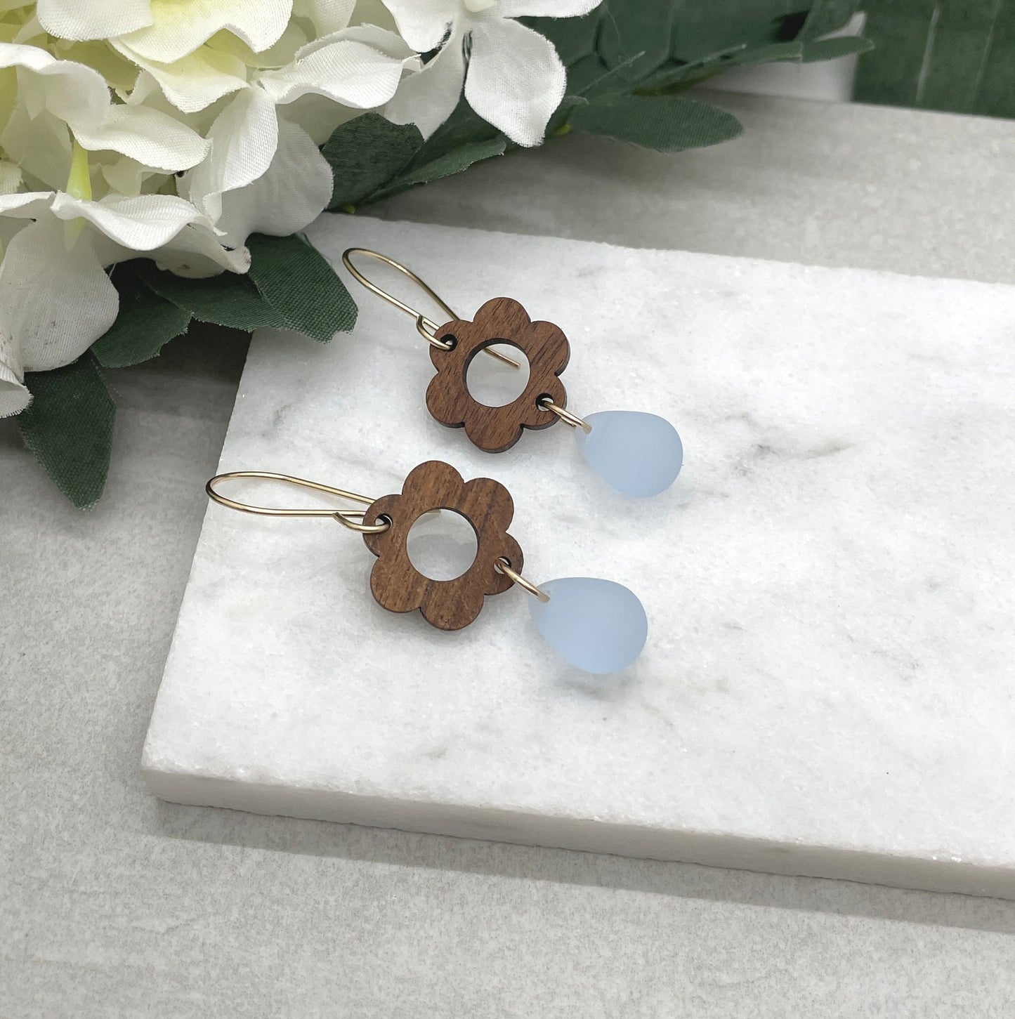 Earrings made with Wood Flowers and Frosted Glass Teardrop Beads on 14k Gold Filled Earring Wires in 2 Color Options GHE-139