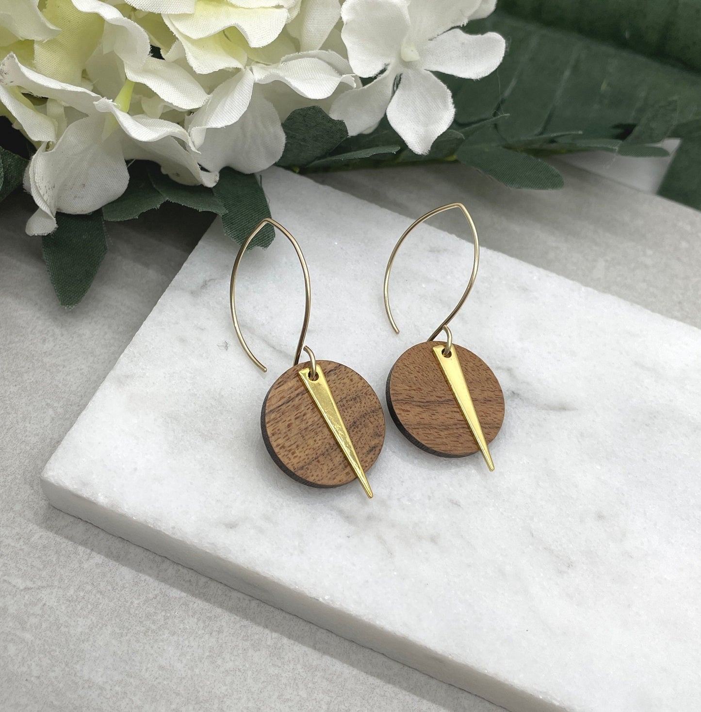 Earrings made with Wood Circles and Gold Plated Triangles on 14k Gold Filled Earring Wires GHE-140