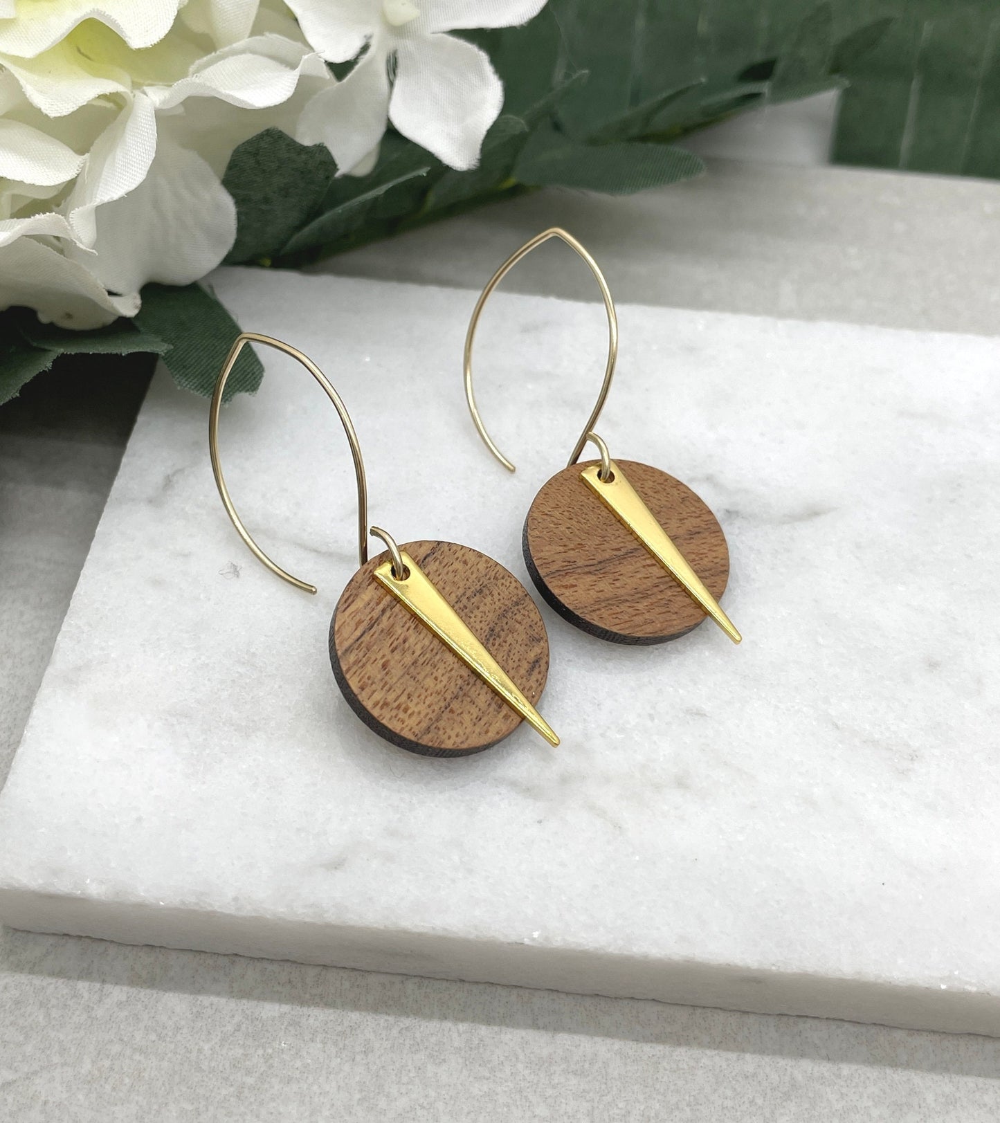 Earrings made with Wood Circles and Gold Plated Triangles on 14k Gold Filled Earring Wires GHE-140
