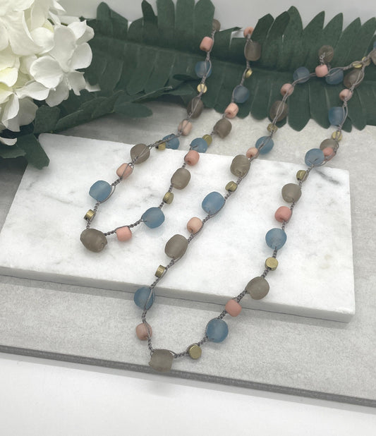 Crocheted Necklace 17-18 or 26-27 Inches with Greige Cord, Recylced Gray and Blue Glass, Vintage Rose Glass and Brass Disc Beads SN-619
