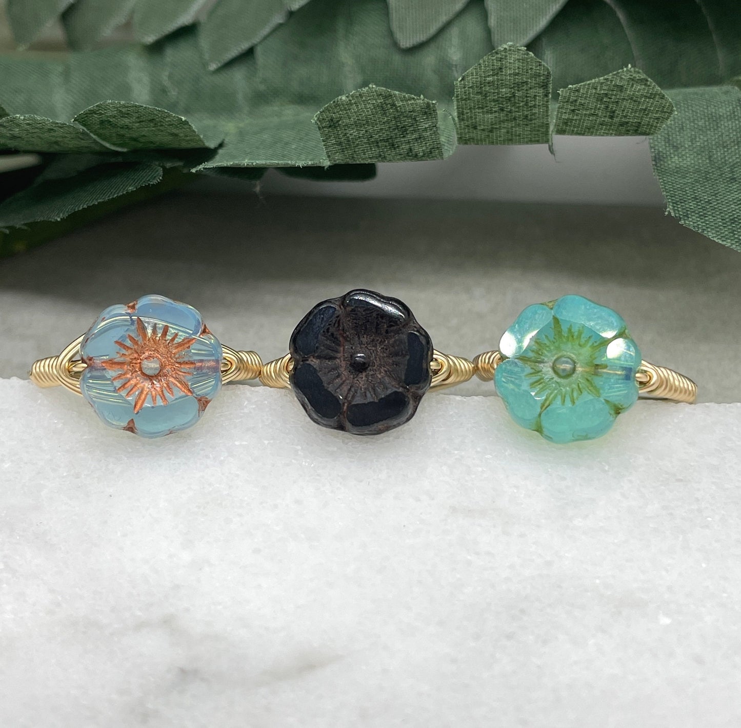 14k Gold Filled Wire Wrapped Ring with a Blue, Black or Green Colored, Czech Glass Flower GR-17