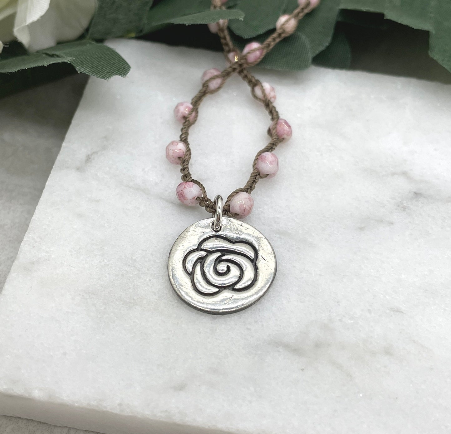 Crocheted Necklace with a Brown Cord, Pink Picasso Czech Glass Beads and a Round, PMC Pendant with a Rose SN-623
