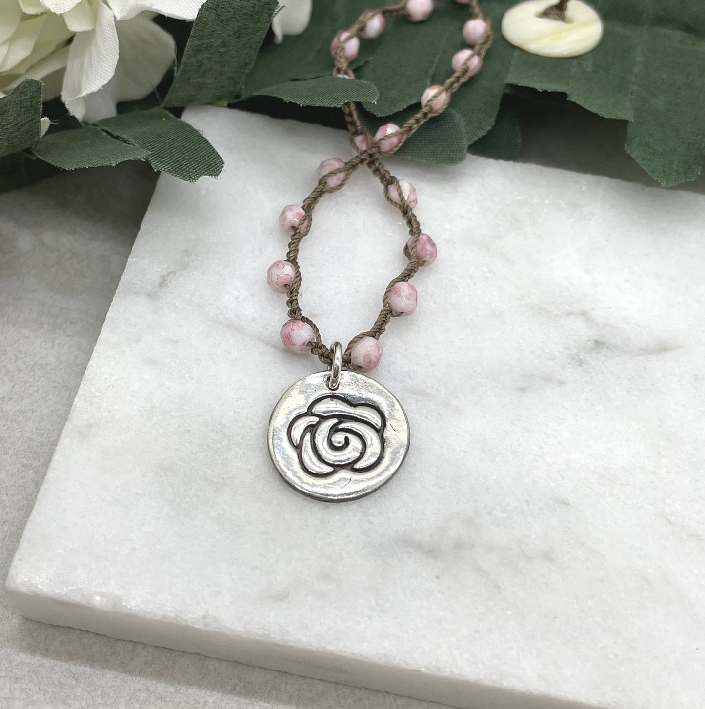 Crocheted Necklace with a Brown Cord, Pink Picasso Czech Glass Beads and a Round, PMC Pendant with a Rose SN-623
