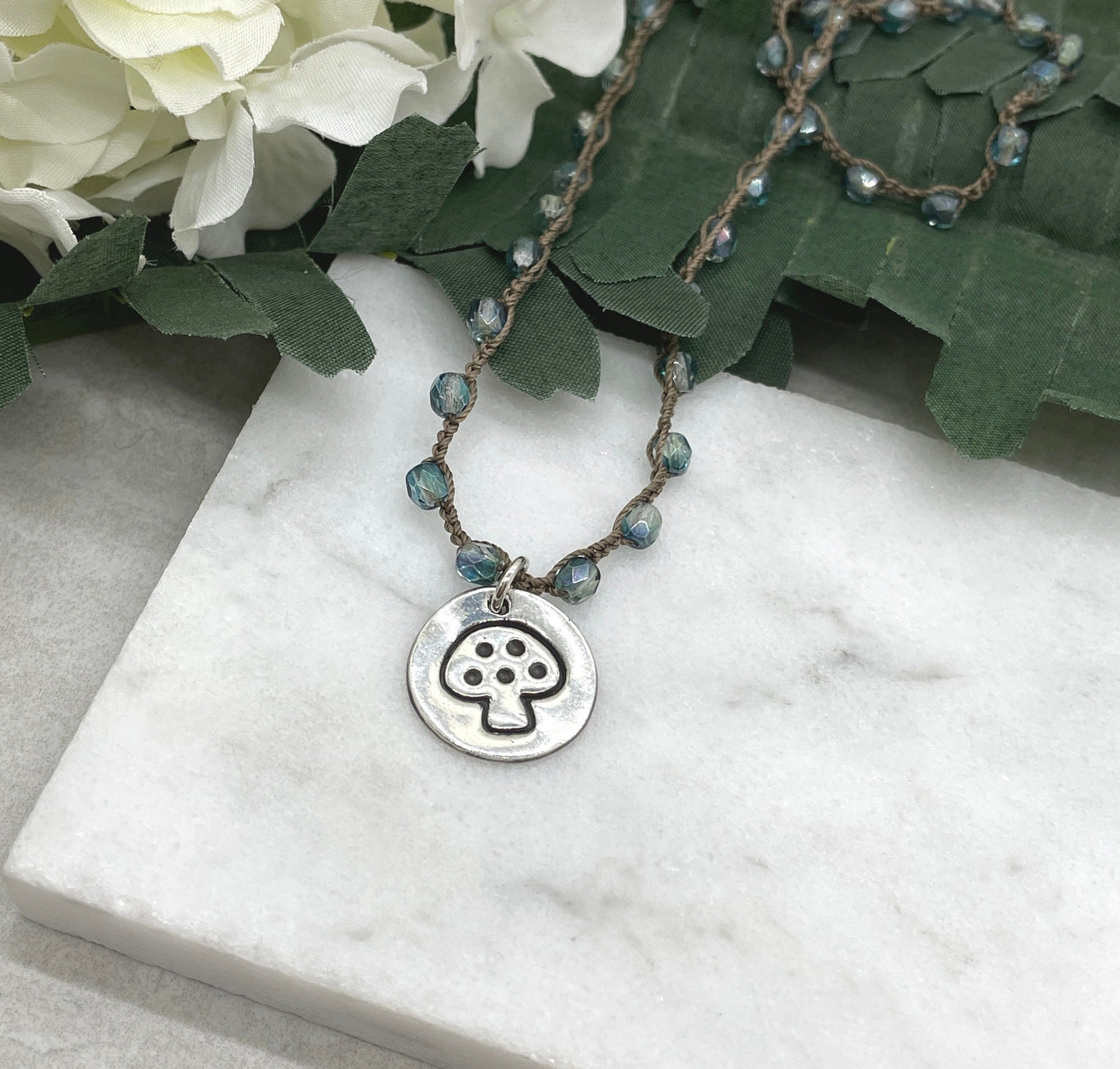 Crocheted Necklace with a Brown Cord, Blue/Green Czech Glass Beads and a Round, PMC Pendant with a Mushroom SN-624