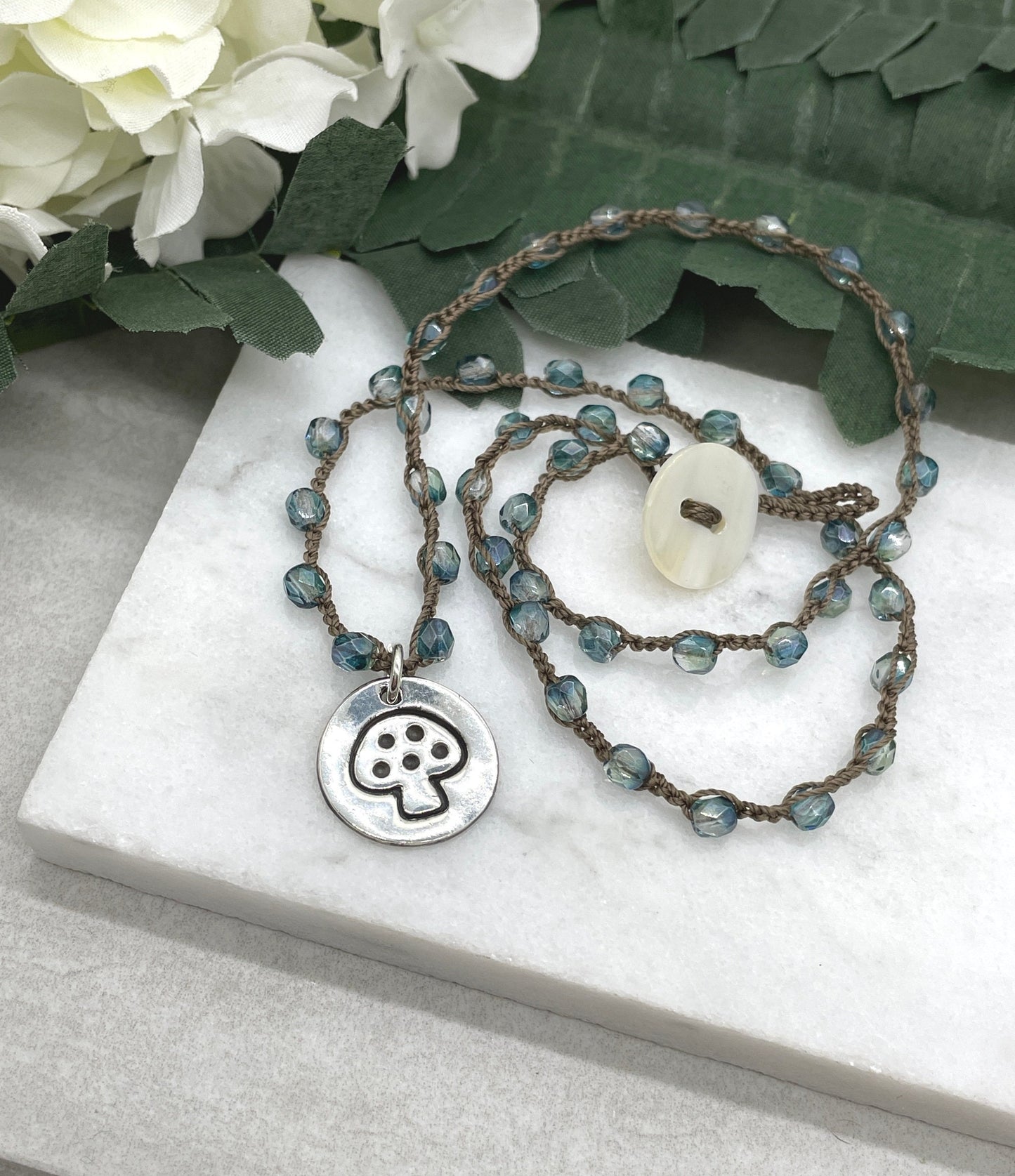 Crocheted Necklace with a Brown Cord, Blue/Green Czech Glass Beads and a Round, PMC Pendant with a Mushroom SN-624